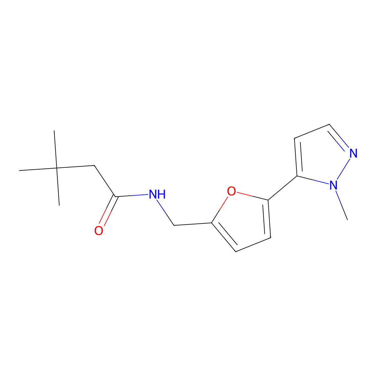 3,3-dimethyl-N-{[5-(1-methyl-1H-pyrazol-5-yl)furan-2-yl]methyl}butanamide molecular structure, CAS 2415519-59-2