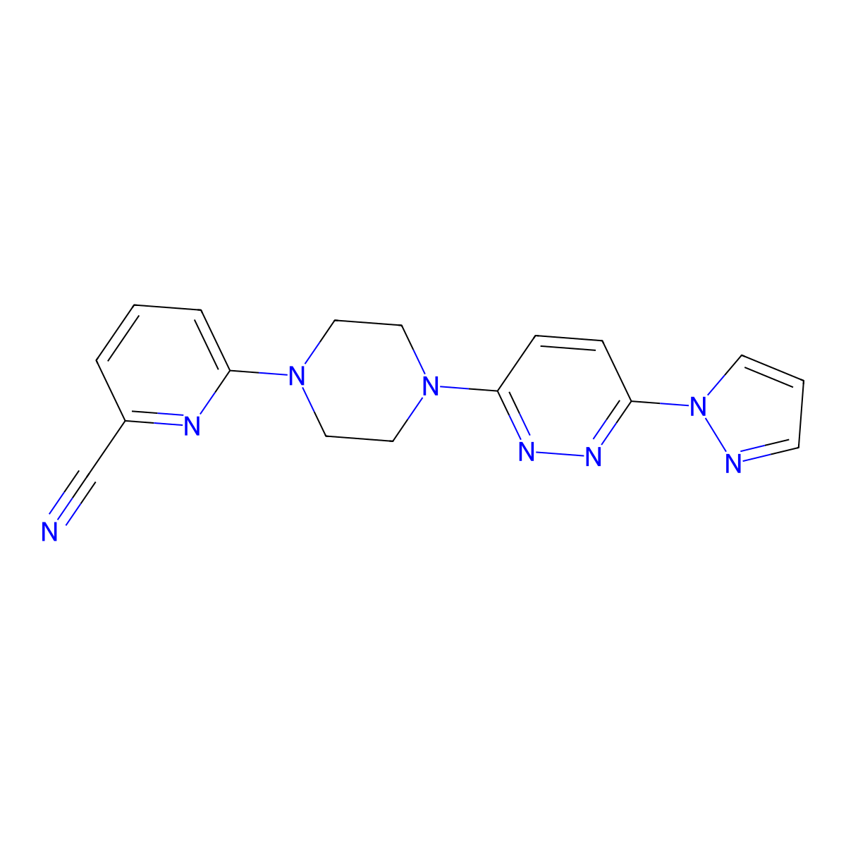 6-{4-[6-(1H-pyrazol-1-yl)pyridazin-3-yl]piperazin-1-yl}pyridine-2-carbonitrile molecular structure, CAS 2415519-69-4