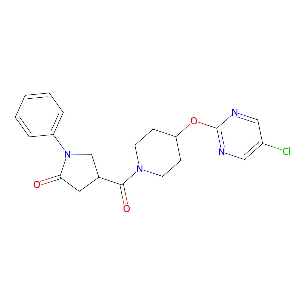 4-{4-[(5-Chloropyrimidin-2-yl)oxy]piperidine-1-carbonyl}-1-phenylpyrrolidin-2-one molecular structure, CAS 2415519-74-1