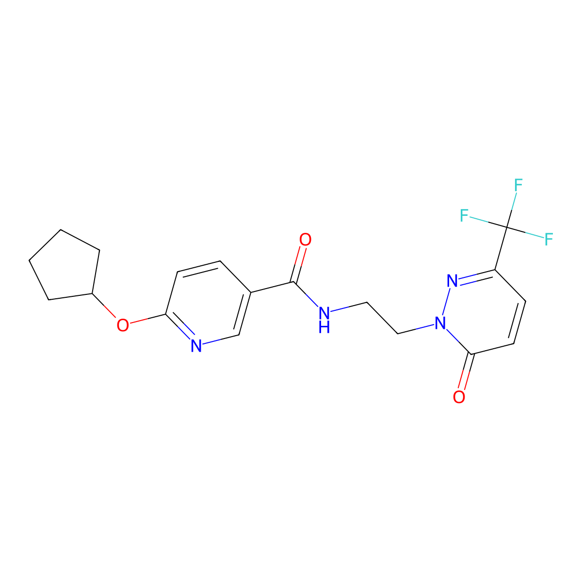 6-(cyclopentyloxy)-N-{2-[6-oxo-3-(trifluoromethyl)-1,6-dihydropyridazin-1-yl]ethyl}pyridine-3-carboxamide molecular structure, CAS 2415519-80-9