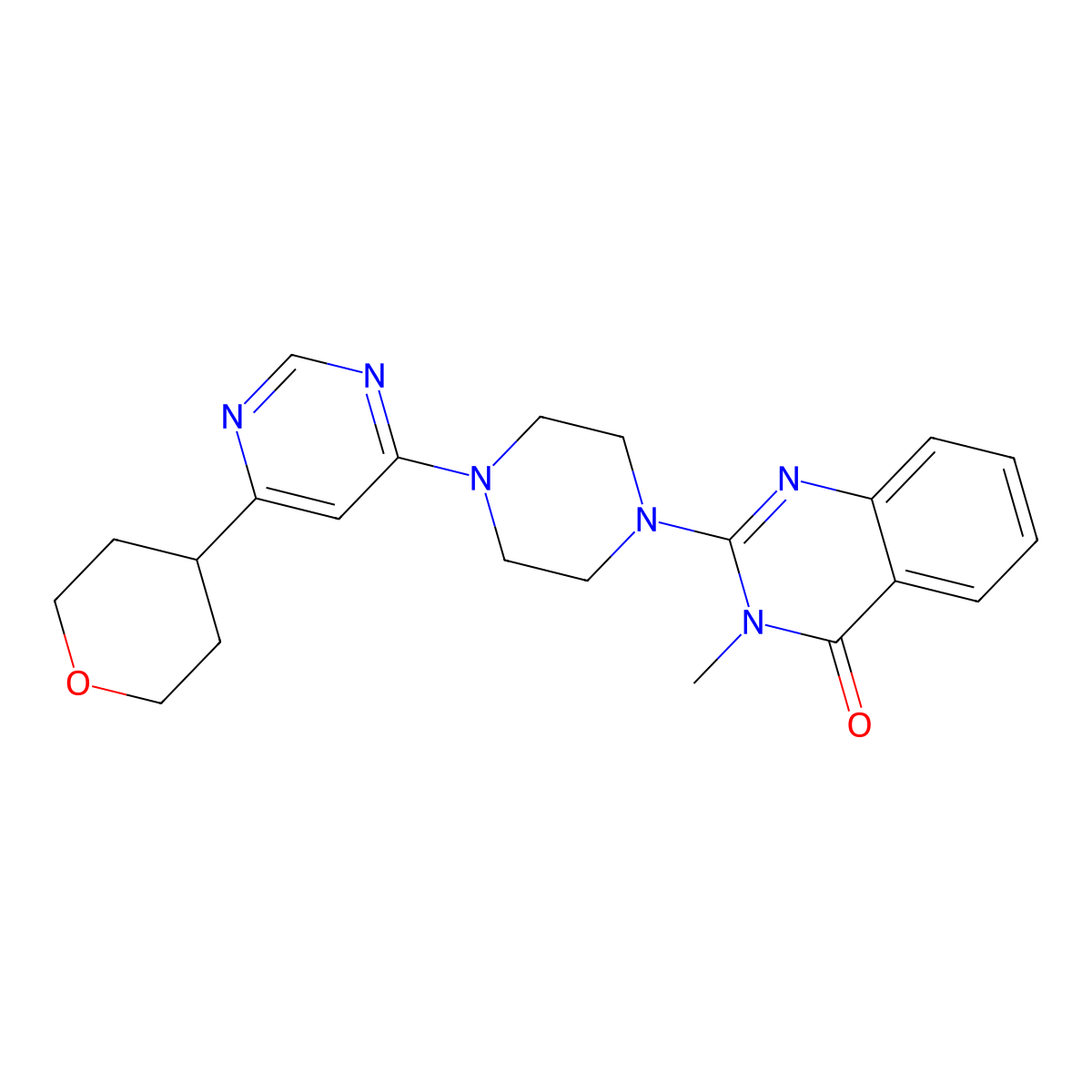 3-Methyl-2-{4-[6-(oxan-4-yl)pyrimidin-4-yl]piperazin-1-yl}-3,4-dihydroquinazolin-4-one molecular structure, CAS 2415520-00-0