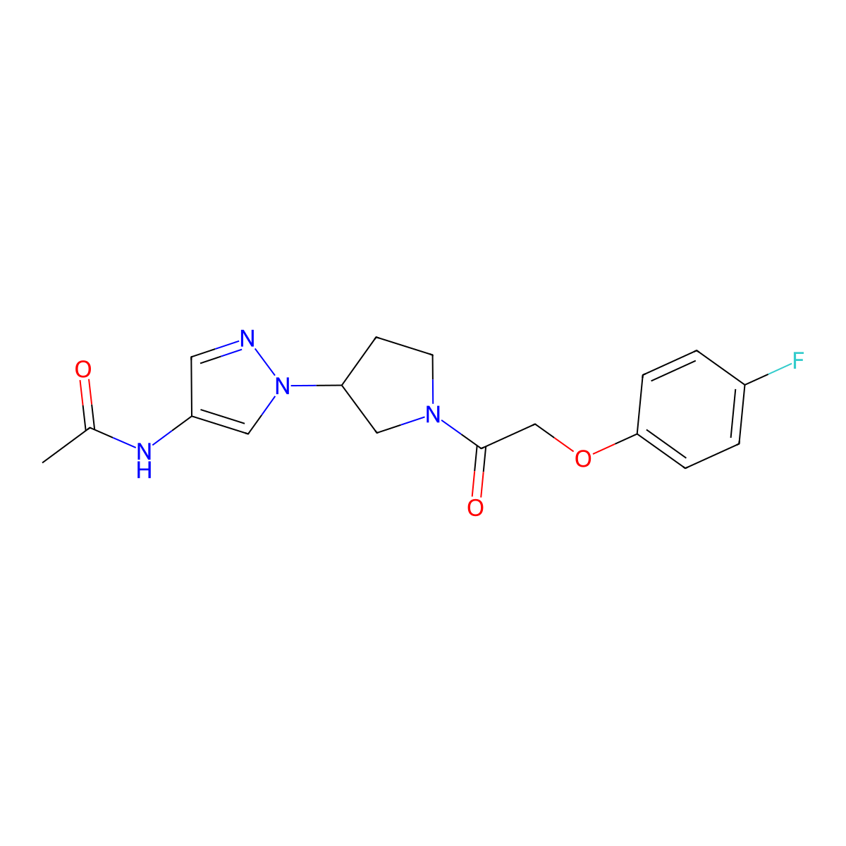 N-(1-{1-[2-(4-fluorophenoxy)acetyl]pyrrolidin-3-yl}-1H-pyrazol-4-yl)acetamide molecular structure, CAS 2415520-01-1
