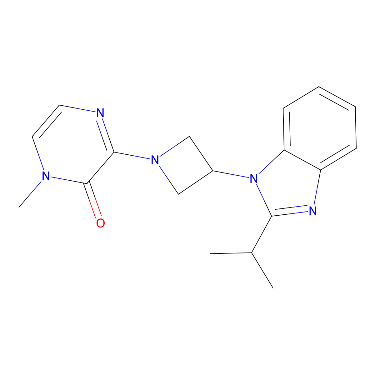 1-methyl-3-{3-[2-(propan-2-yl)-1H-1,3-benzodiazol-1-yl]azetidin-1-yl}-1,2-dihydropyrazin-2-one molecular structure, CAS 2415520-18-0