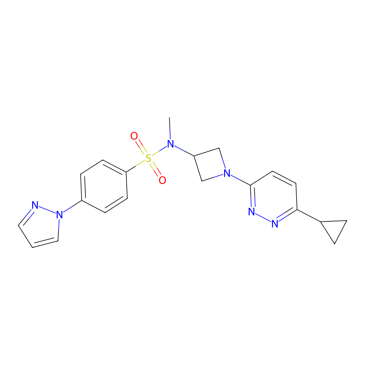 N-[1-(6-cyclopropylpyridazin-3-yl)azetidin-3-yl]-N-methyl-4-(1H-pyrazol-1-yl)benzene-1-sulfonamide molecular structure, CAS 2415520-19-1