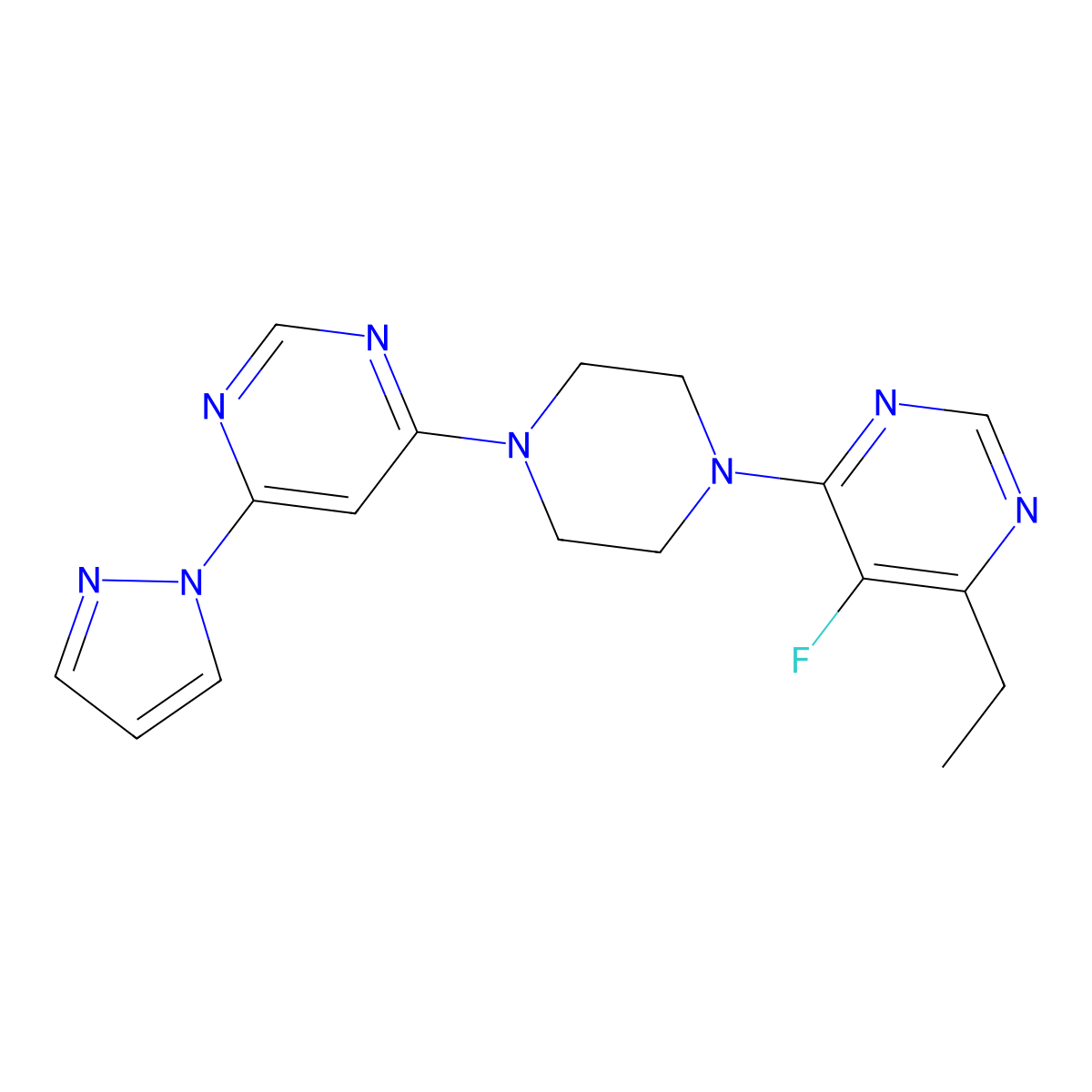 4-ethyl-5-fluoro-6-{4-[6-(1H-pyrazol-1-yl)pyrimidin-4-yl]piperazin-1-yl}pyrimidine molecular structure, CAS 2415520-23-7