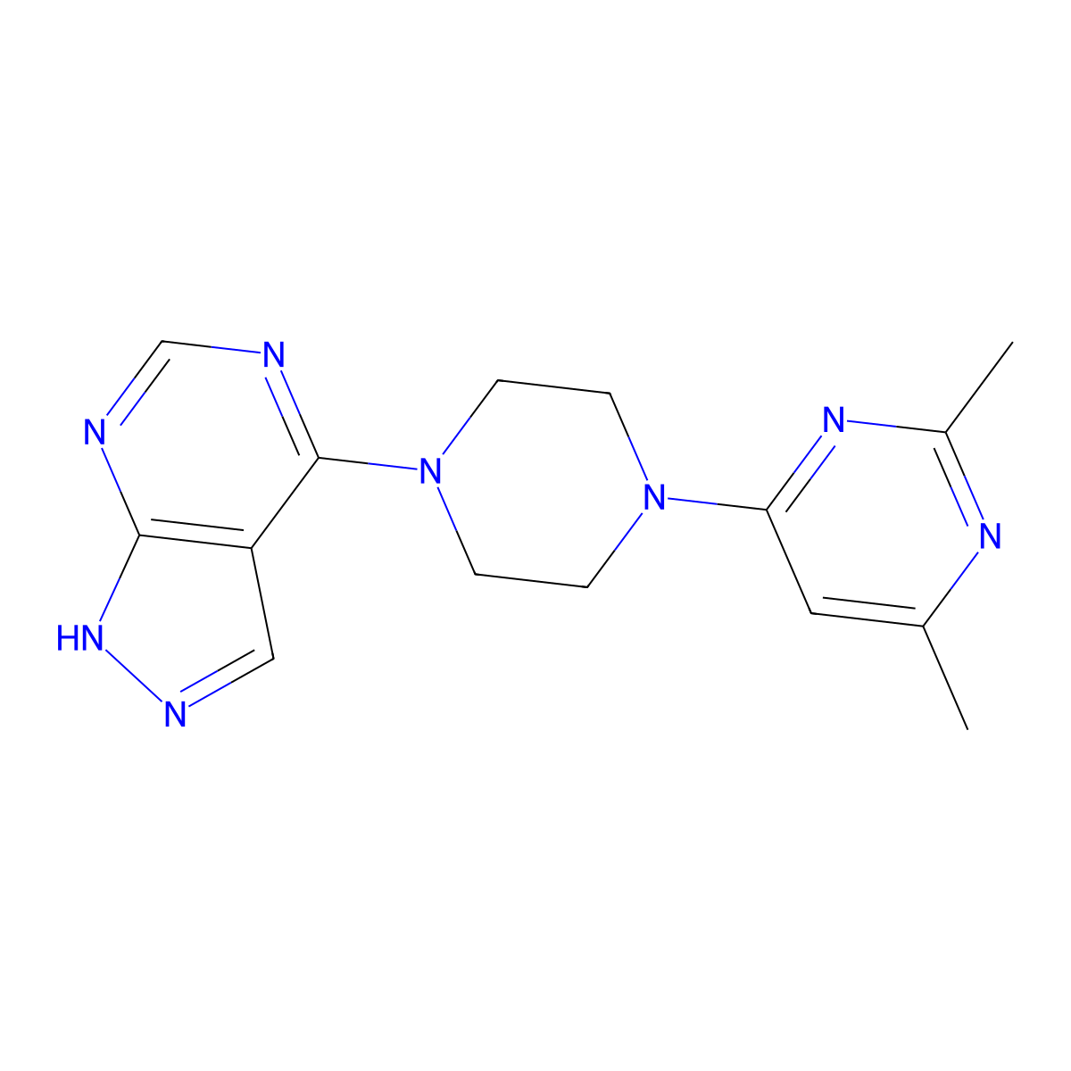 2,4-dimethyl-6-(4-{1H-pyrazolo[3,4-d]pyrimidin-4-yl}piperazin-1-yl)pyrimidine molecular structure, CAS 2415520-24-8
