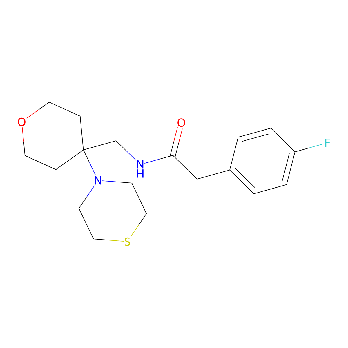 2-(4-fluorophenyl)-N-{[4-(thiomorpholin-4-yl)oxan-4-yl]methyl}acetamide molecular structure, CAS 2415520-34-0