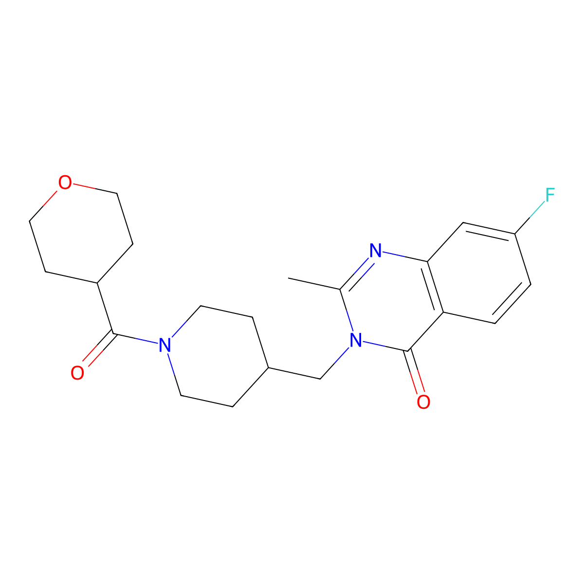 7-Fluoro-2-methyl-3-{[1-(oxane-4-carbonyl)piperidin-4-yl]methyl}-3,4-dihydroquinazolin-4-one molecular structure, CAS 2415520-38-4