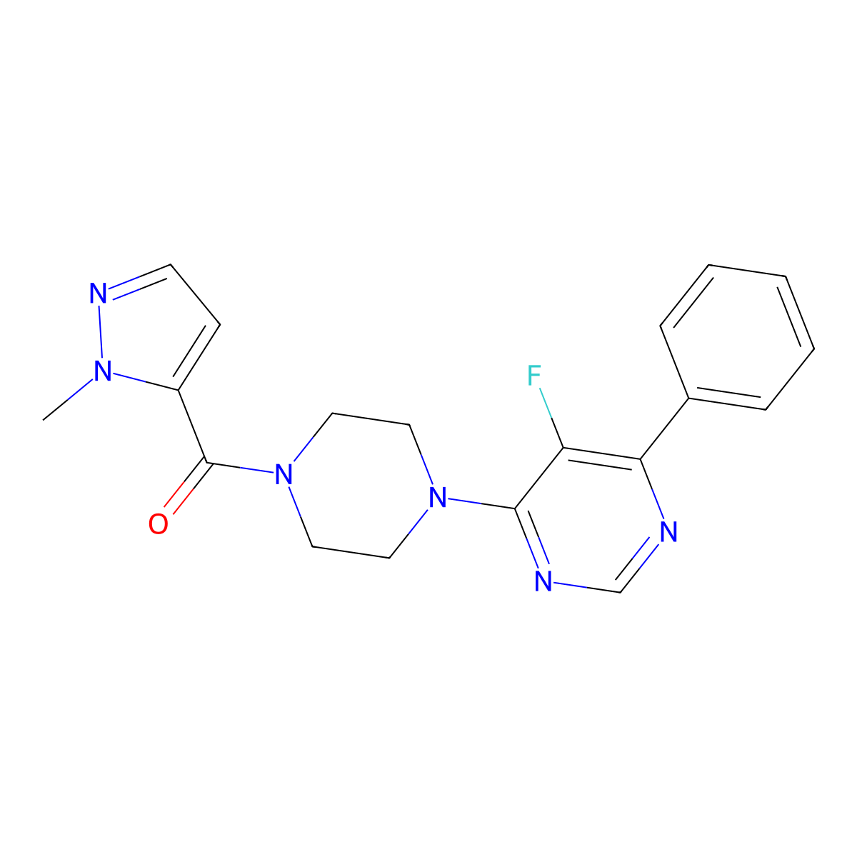 5-fluoro-4-[4-(1-methyl-1H-pyrazole-5-carbonyl)piperazin-1-yl]-6-phenylpyrimidine molecular structure, CAS 2415520-45-3