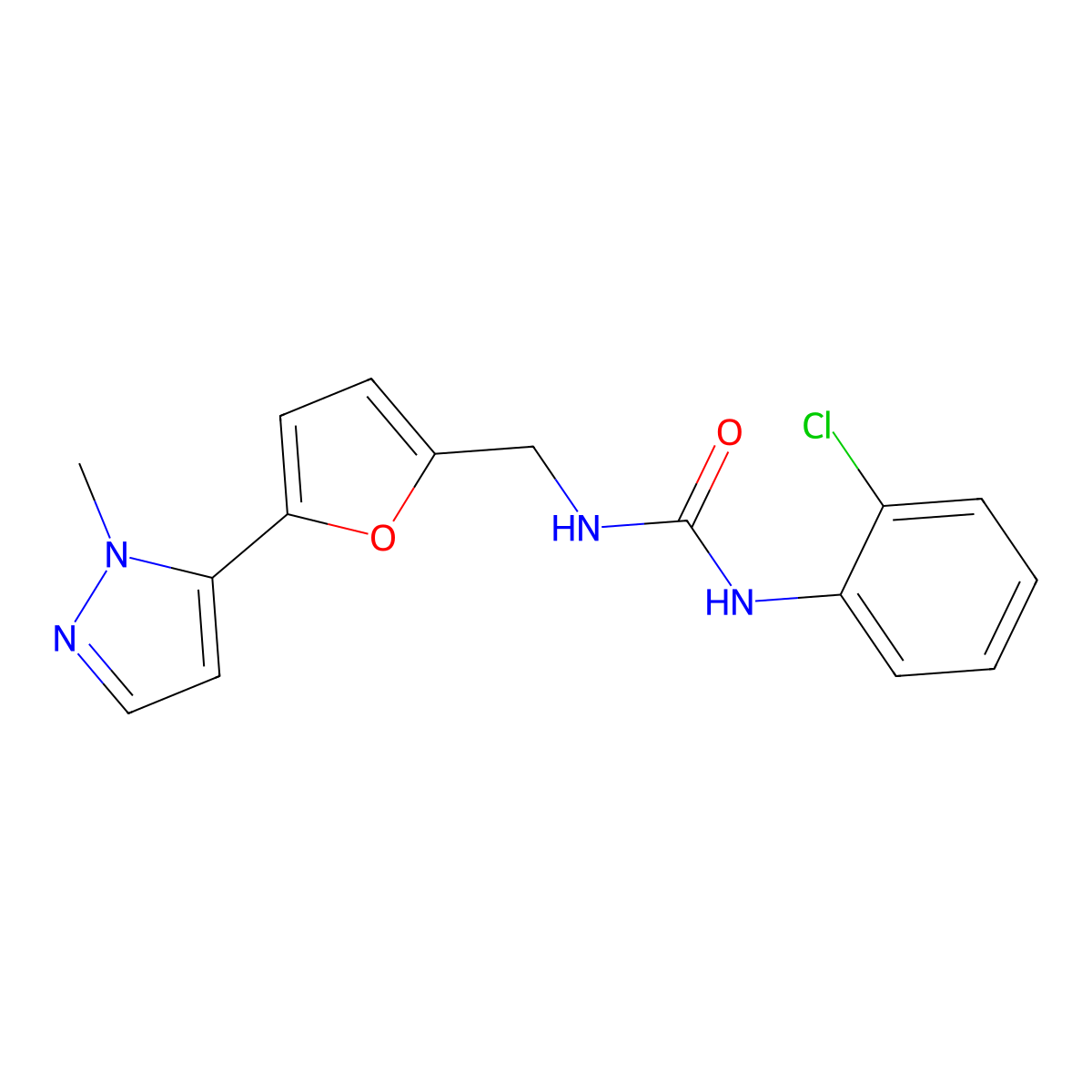 1-(2-chlorophenyl)-3-{[5-(1-methyl-1H-pyrazol-5-yl)furan-2-yl]methyl}urea molecular structure, CAS 2415520-48-6