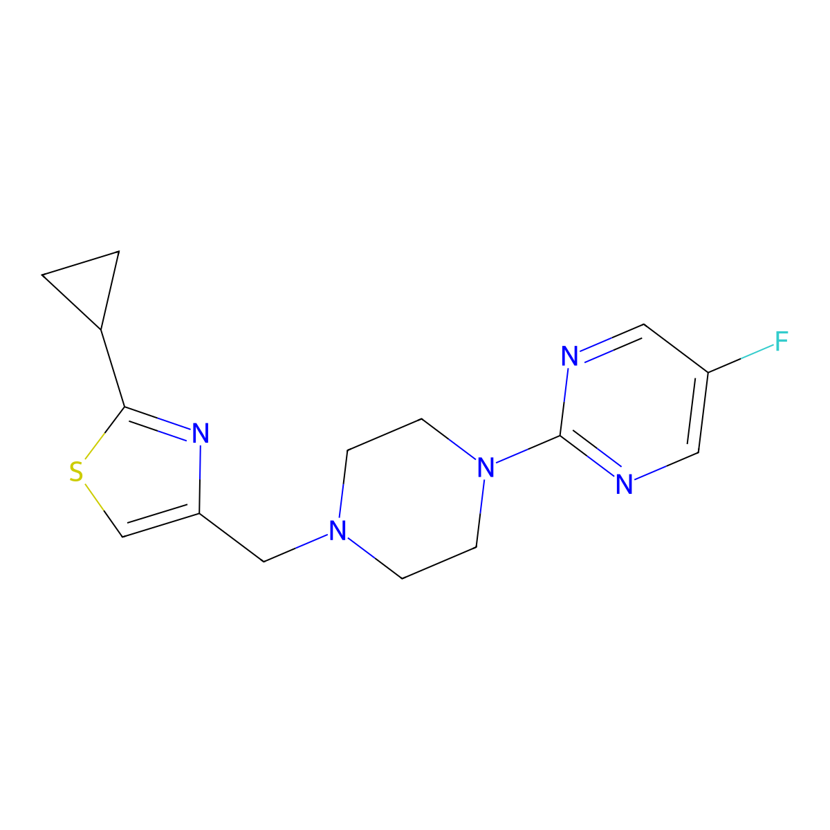 2-{4-[(2-Cyclopropyl-1,3-thiazol-4-yl)methyl]piperazin-1-yl}-5-fluoropyrimidine molecular structure, CAS 2415520-52-2