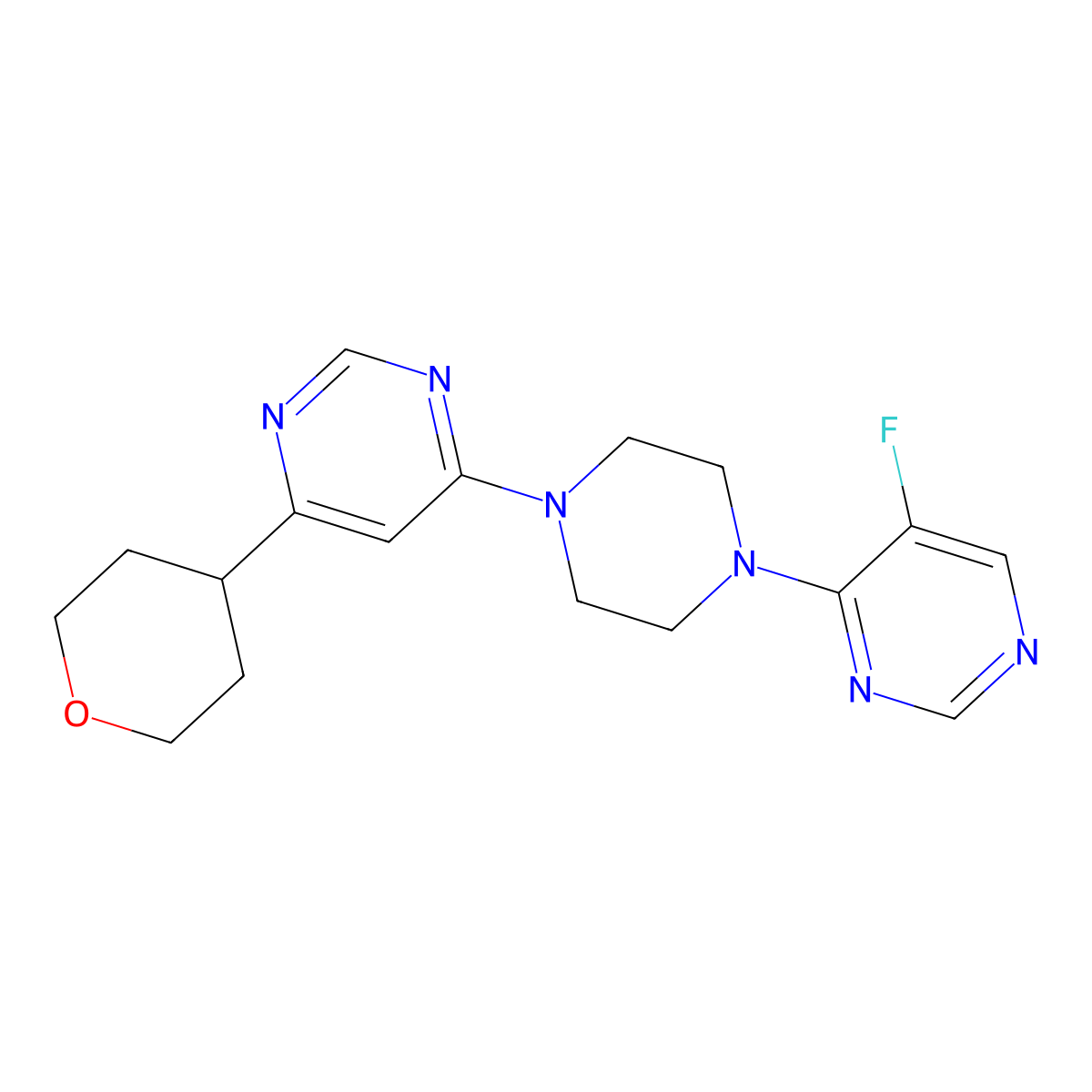 4-[4-(5-Fluoropyrimidin-4-yl)piperazin-1-yl]-6-(oxan-4-yl)pyrimidine molecular structure, CAS 2415520-59-9
