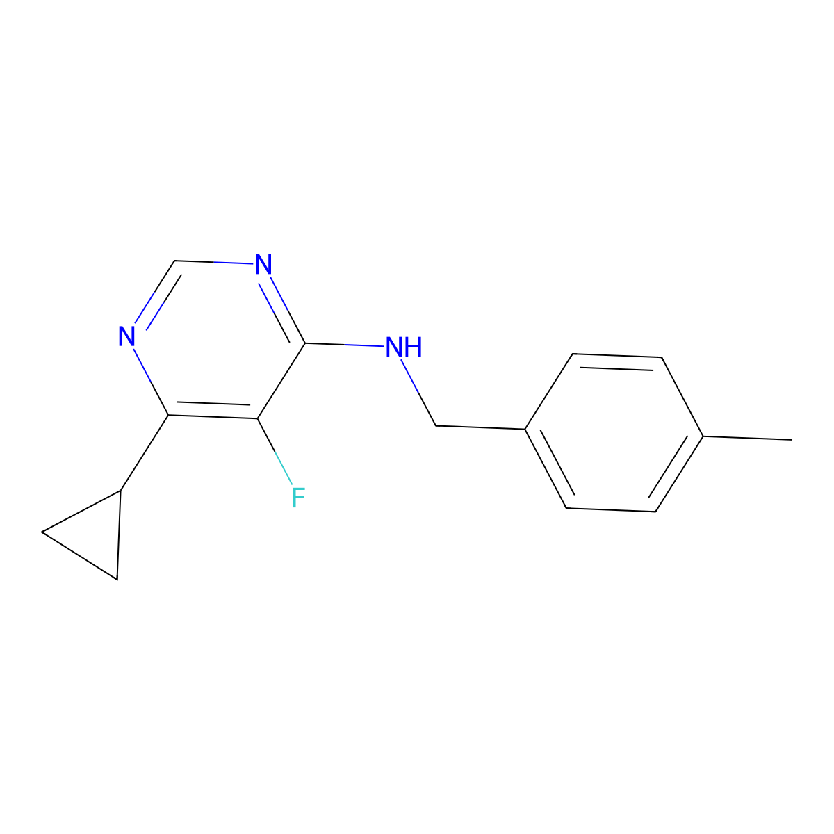 6-Cyclopropyl-5-fluoro-N-[(4-methylphenyl)methyl]pyrimidin-4-amine molecular structure, CAS 2415520-60-2