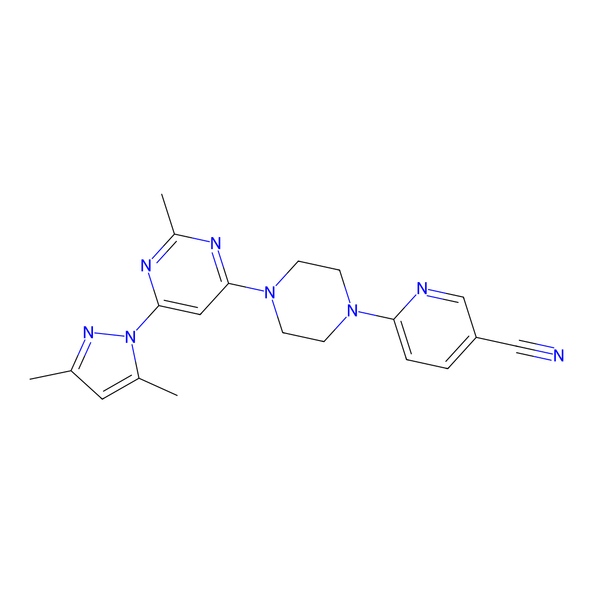 6-{4-[6-(3,5-dimethyl-1H-pyrazol-1-yl)-2-methylpyrimidin-4-yl]piperazin-1-yl}pyridine-3-carbonitrile molecular structure, CAS 2415520-63-5