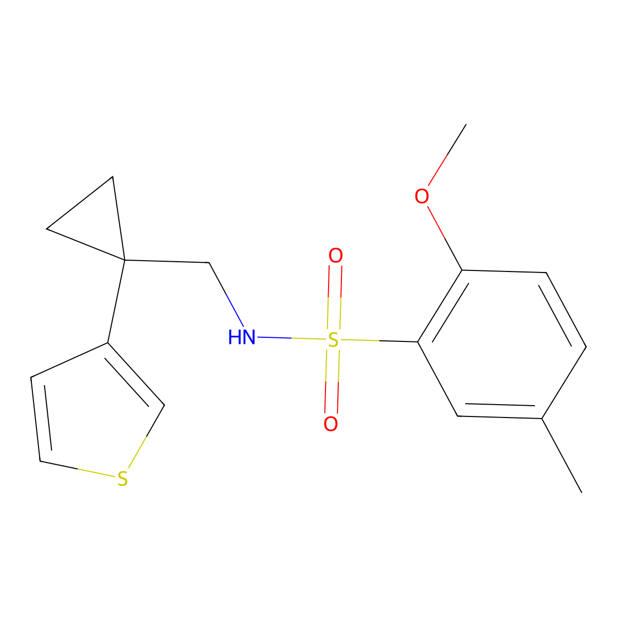 2-methoxy-5-methyl-N-{[1-(thiophen-3-yl)cyclopropyl]methyl}benzene-1-sulfonamide molecular structure, CAS 2415520-65-7
