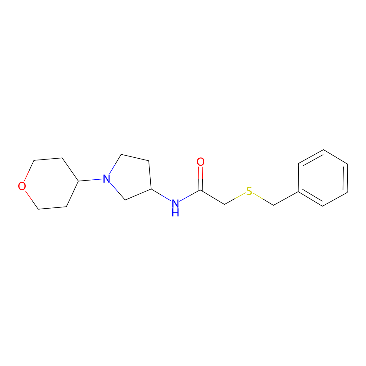 2-(benzylsulfanyl)-N-[1-(oxan-4-yl)pyrrolidin-3-yl]acetamide molecular structure, CAS 2415520-66-8