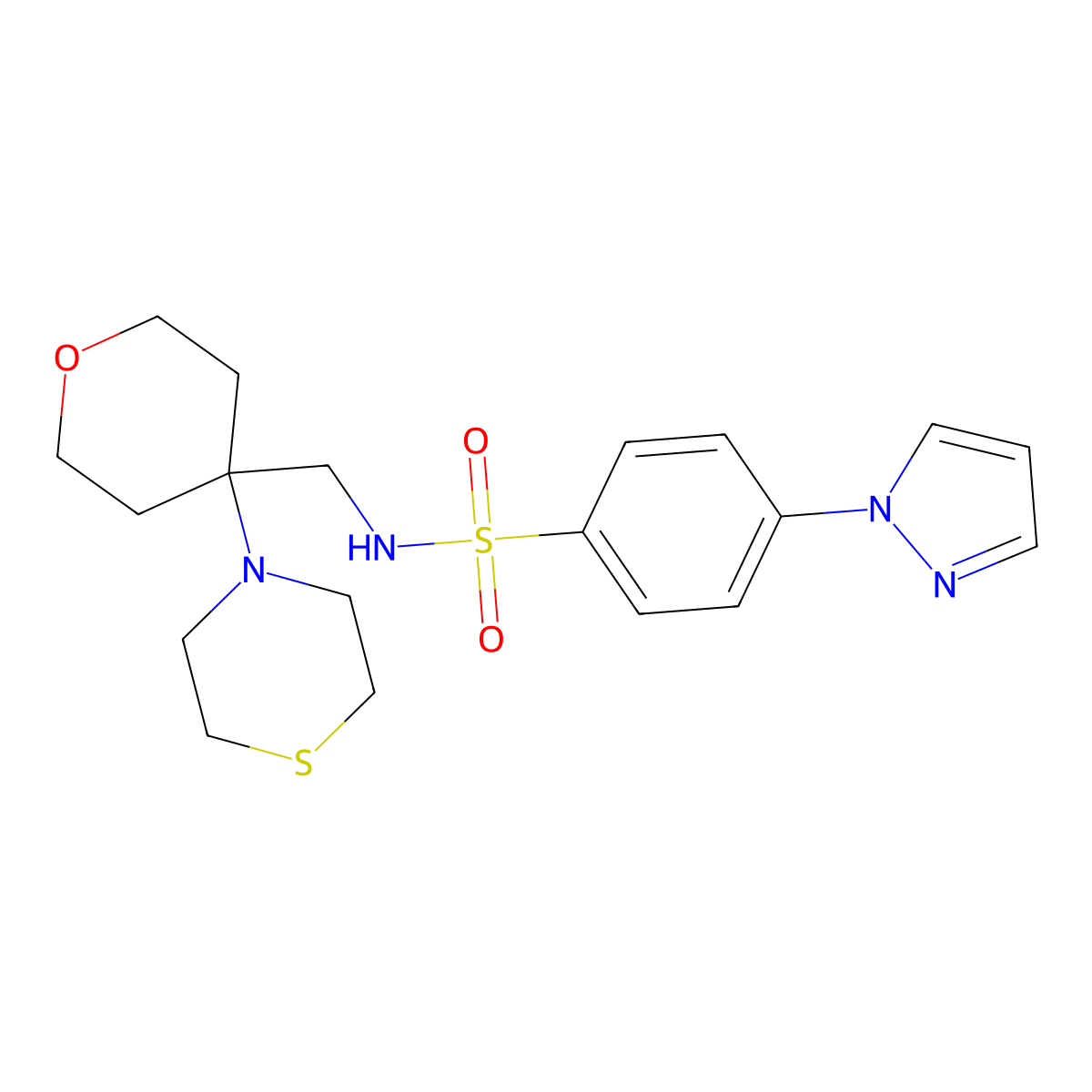 4-(1H-pyrazol-1-yl)-N-{[4-(thiomorpholin-4-yl)oxan-4-yl]methyl}benzene-1-sulfonamide molecular structure, CAS 2415521-11-6