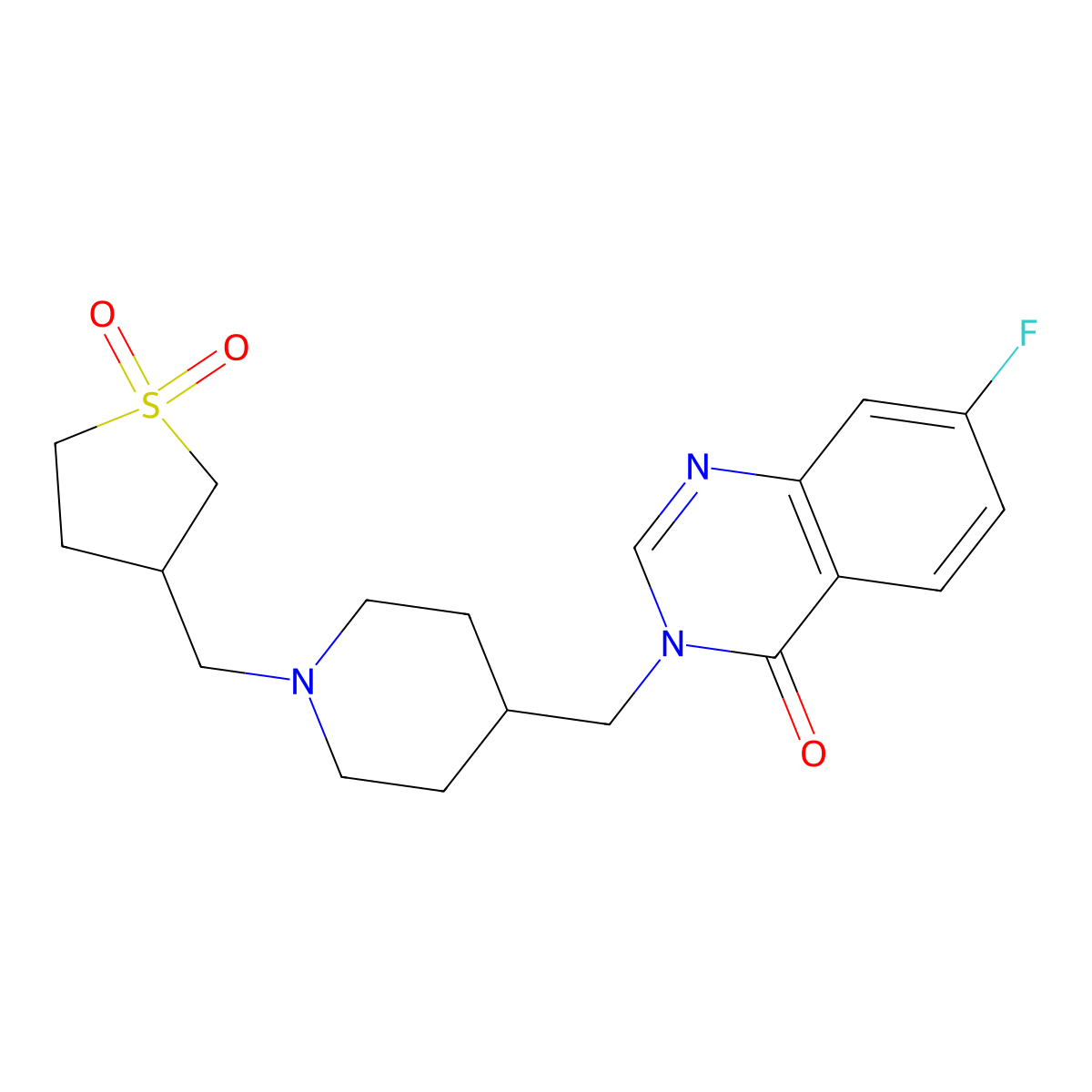 3-({4-[(7-Fluoro-4-oxo-3,4-dihydroquinazolin-3-yl)methyl]piperidin-1-yl}methyl)-1lambda6-thiolane-1,1-dione molecular structure, CAS 2415521-12-7