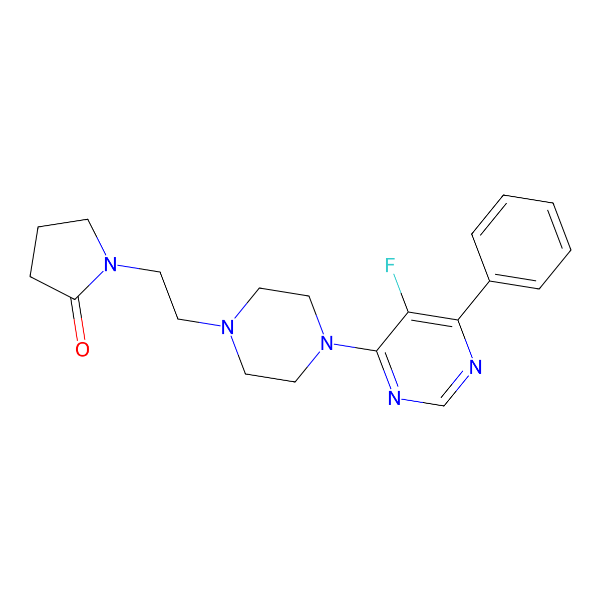 1-{2-[4-(5-Fluoro-6-phenylpyrimidin-4-yl)piperazin-1-yl]ethyl}pyrrolidin-2-one molecular structure, CAS 2415521-16-1