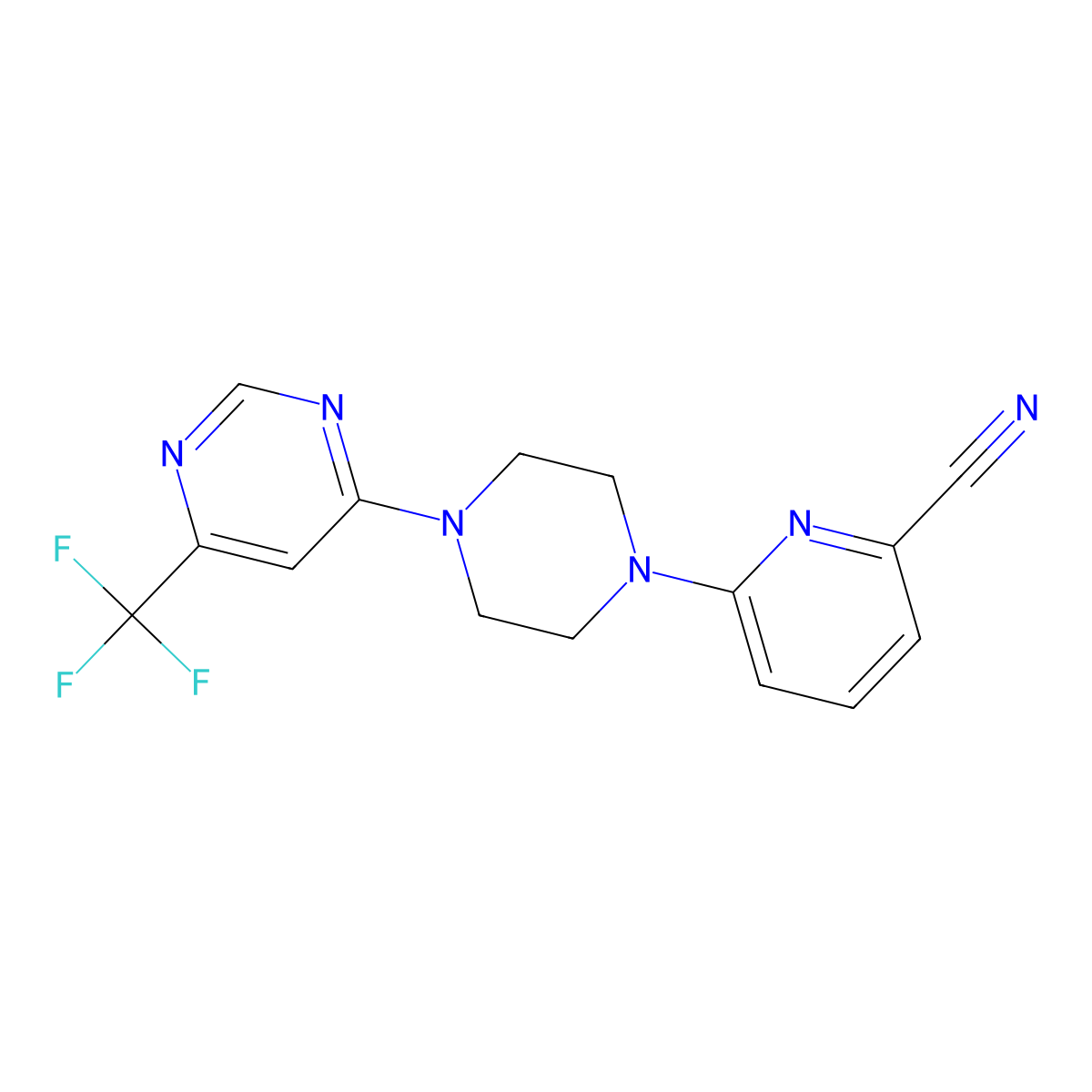 6-{4-[6-(Trifluoromethyl)pyrimidin-4-yl]piperazin-1-yl}pyridine-2-carbonitrile molecular structure, CAS 2415521-24-1