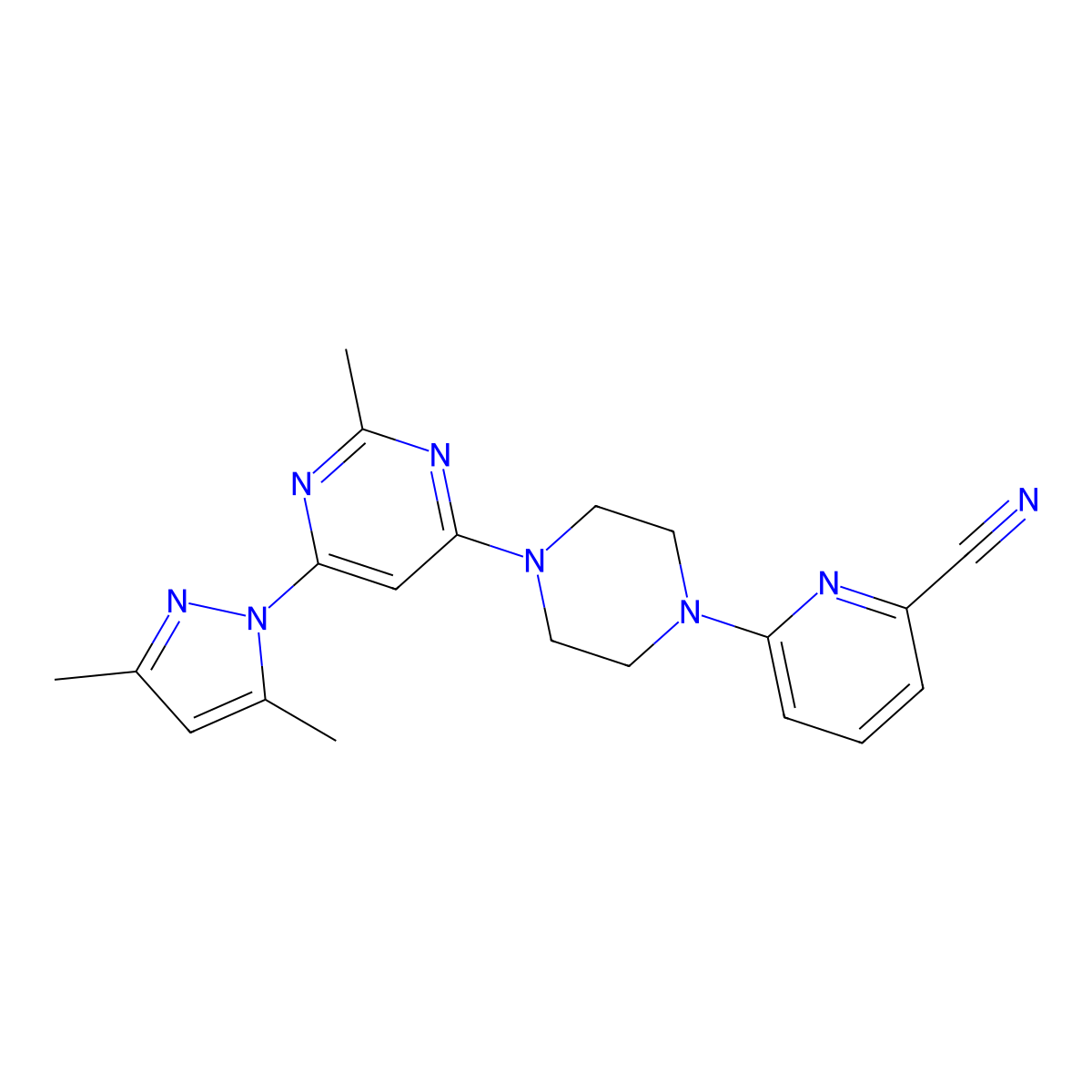 6-{4-[6-(3,5-dimethyl-1H-pyrazol-1-yl)-2-methylpyrimidin-4-yl]piperazin-1-yl}pyridine-2-carbonitrile molecular structure, CAS 2415521-25-2