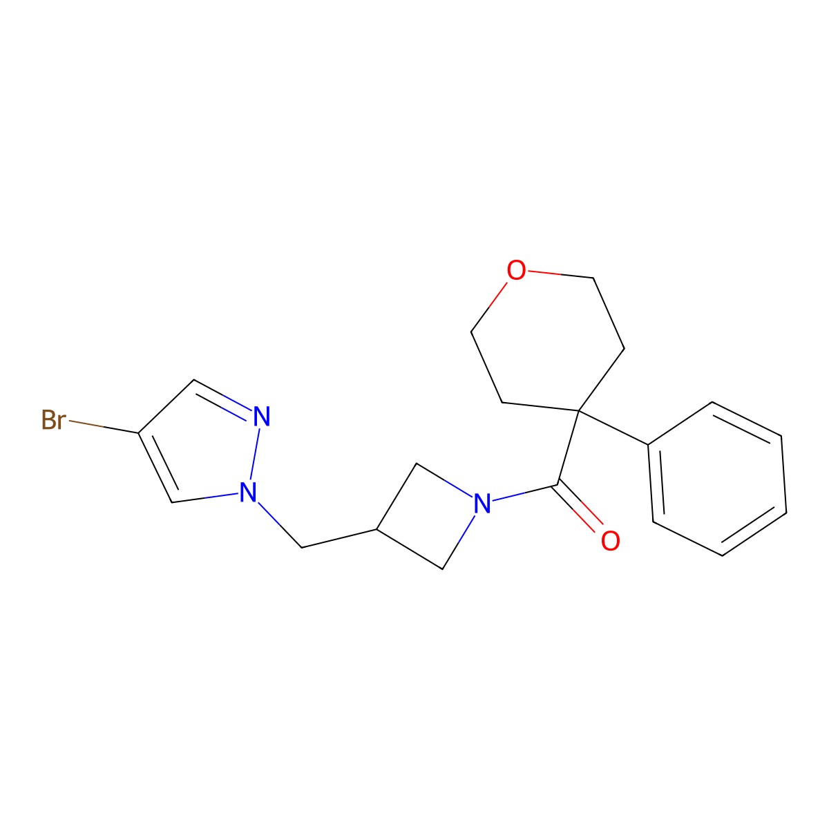 4-bromo-1-{[1-(4-phenyloxane-4-carbonyl)azetidin-3-yl]methyl}-1H-pyrazole molecular structure, CAS 2415521-28-5