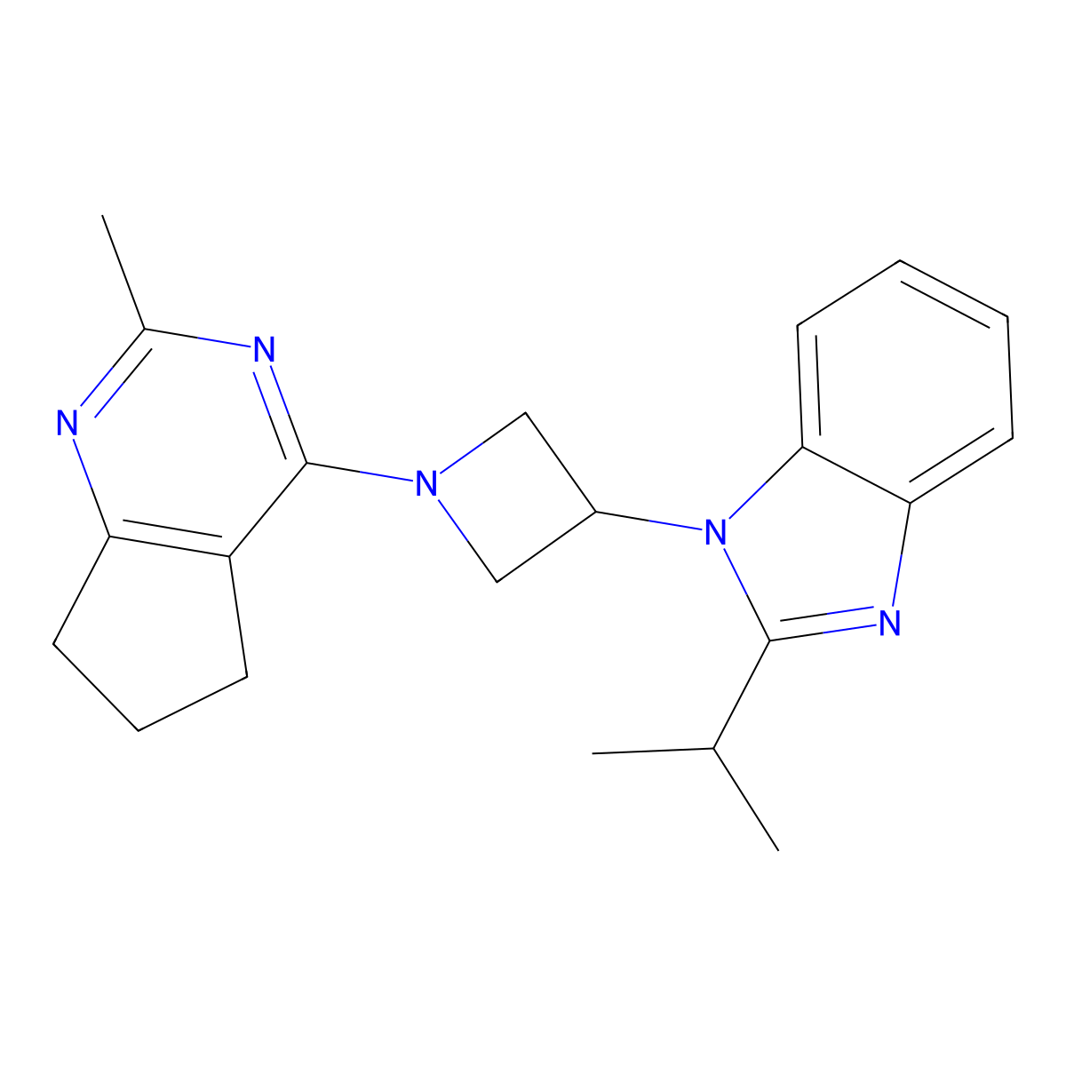 1-(1-{2-methyl-5H,6H,7H-cyclopenta[d]pyrimidin-4-yl}azetidin-3-yl)-2-(propan-2-yl)-1H-1,3-benzodiazole molecular structure, CAS 2415521-36-5