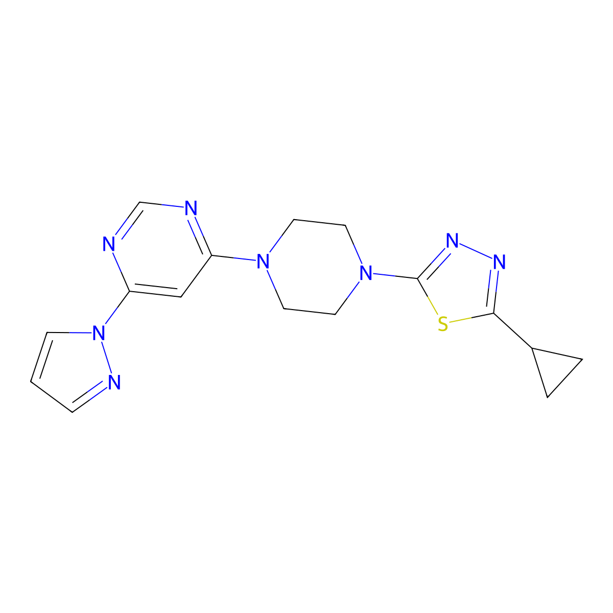 4-[4-(5-cyclopropyl-1,3,4-thiadiazol-2-yl)piperazin-1-yl]-6-(1H-pyrazol-1-yl)pyrimidine molecular structure, CAS 2415522-56-2