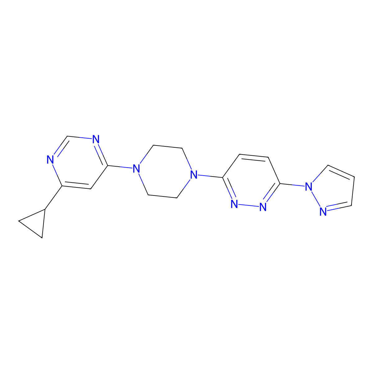 3-[4-(6-cyclopropylpyrimidin-4-yl)piperazin-1-yl]-6-(1H-pyrazol-1-yl)pyridazine molecular structure, CAS 2415522-66-4