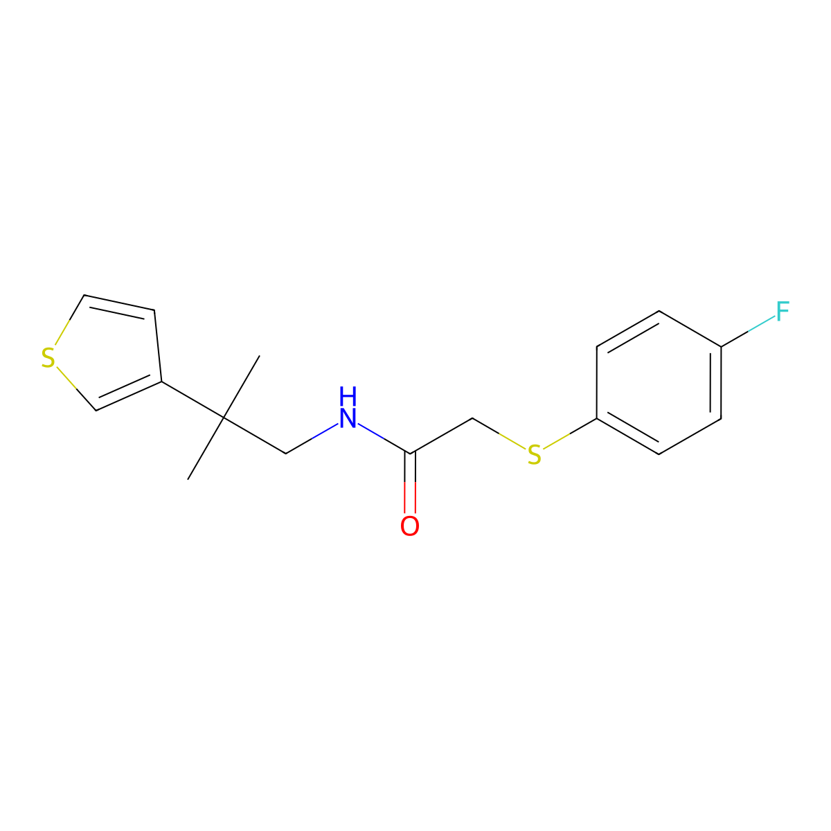 2-[(4-fluorophenyl)sulfanyl]-N-[2-methyl-2-(thiophen-3-yl)propyl]acetamide molecular structure, CAS 2415522-68-6