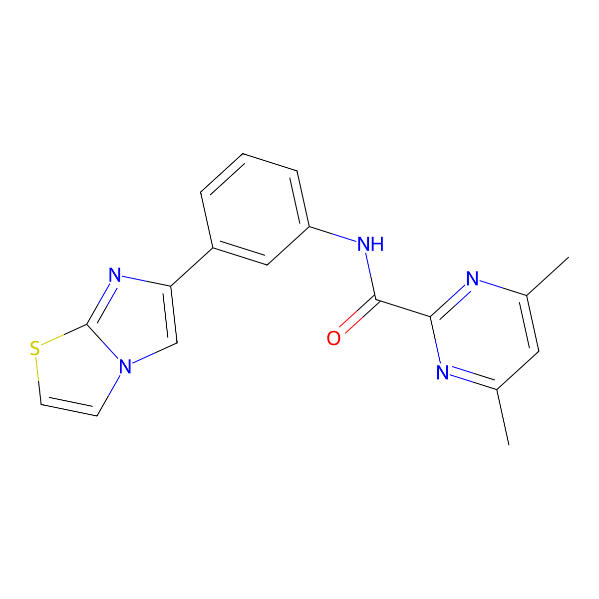 N-(3-{imidazo[2,1-b][1,3]thiazol-6-yl}phenyl)-4,6-dimethylpyrimidine-2-carboxamide molecular structure, CAS 2415522-77-7