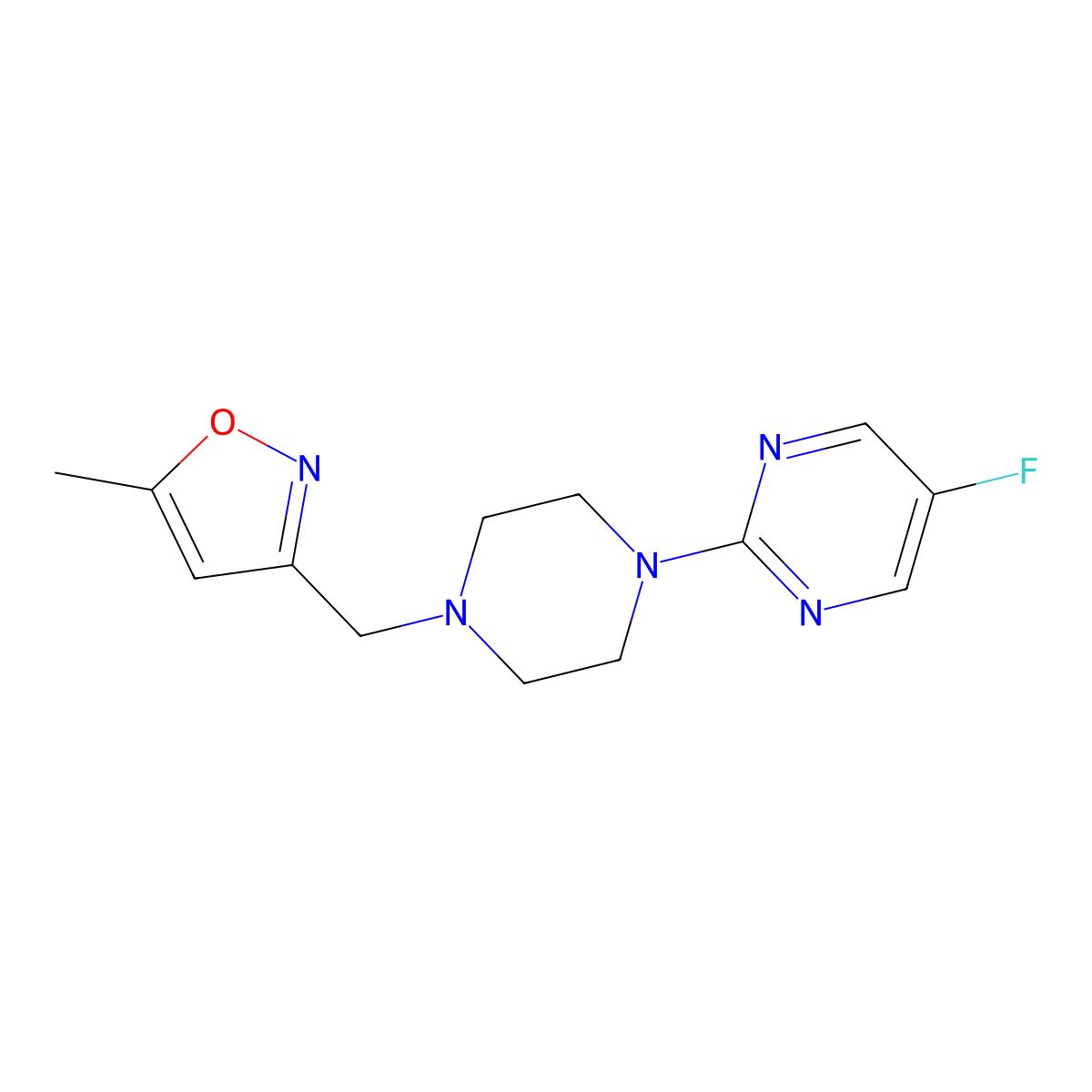 5-Fluoro-2-{4-[(5-methyl-1,2-oxazol-3-yl)methyl]piperazin-1-yl}pyrimidine molecular structure, CAS 2415522-83-5