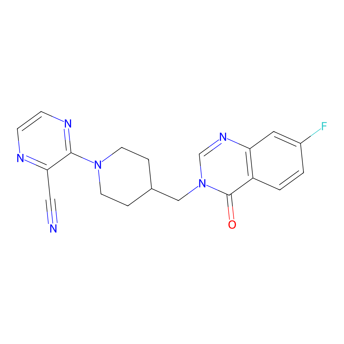 3-{4-[(7-Fluoro-4-oxo-3,4-dihydroquinazolin-3-yl)methyl]piperidin-1-yl}pyrazine-2-carbonitrile molecular structure, CAS 2415522-84-6
