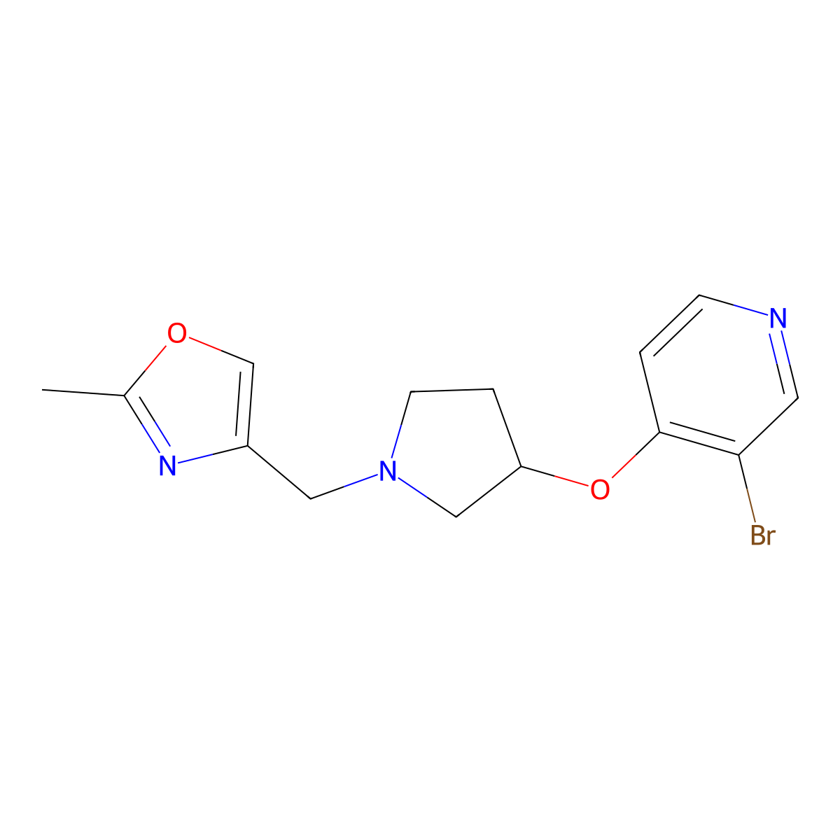 3-Bromo-4-({1-[(2-methyl-1,3-oxazol-4-yl)methyl]pyrrolidin-3-yl}oxy)pyridine molecular structure, CAS 2415522-94-8
