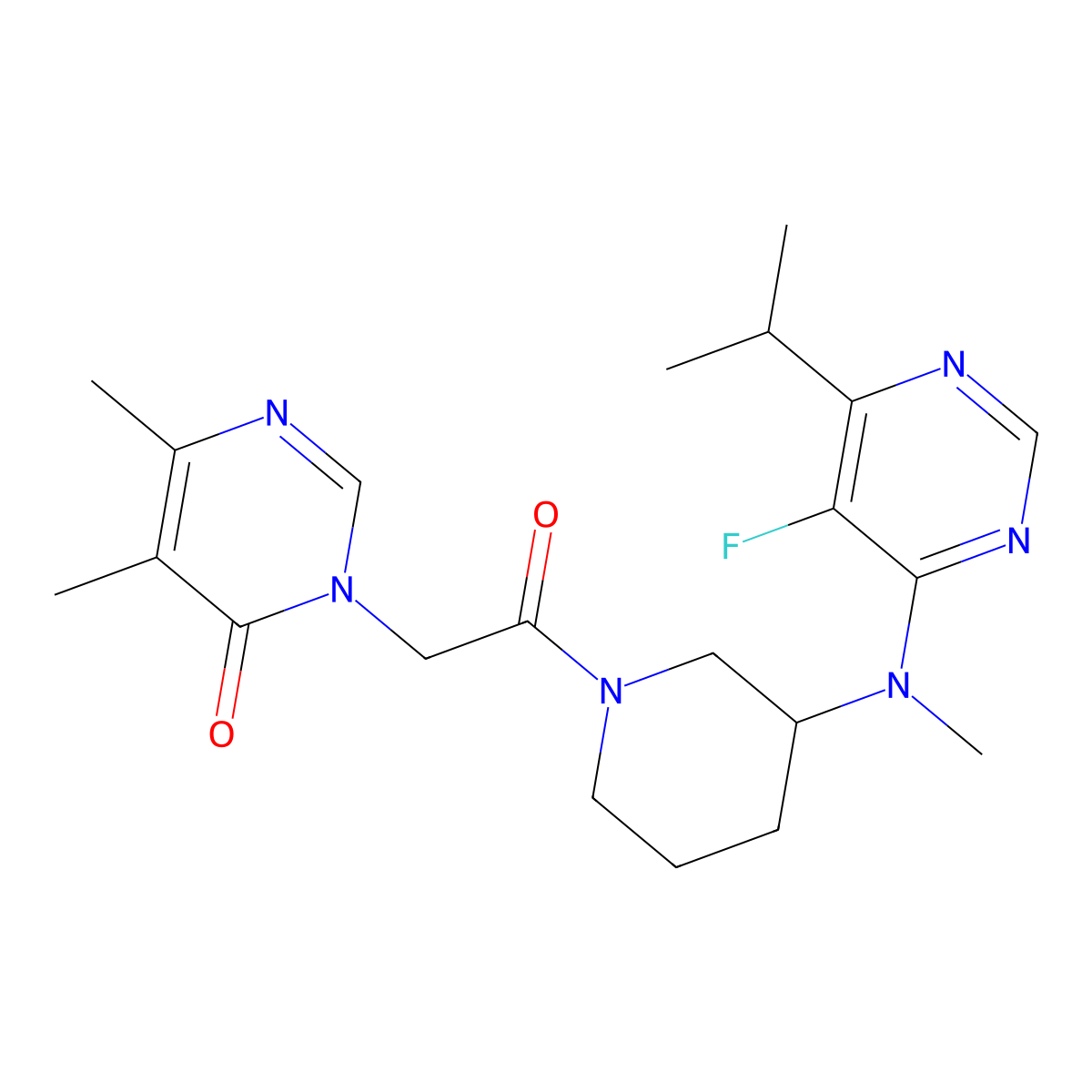 3-[2-(3-{[5-Fluoro-6-(propan-2-yl)pyrimidin-4-yl](methyl)amino}piperidin-1-yl)-2-oxoethyl]-5,6-dimethyl-3,4-dihydropyrimidin-4-one molecular structure, CAS 2415522-99-3