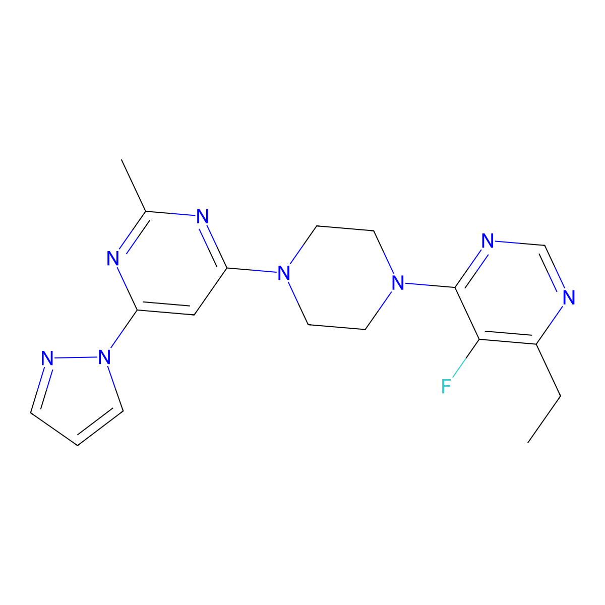 4-[4-(6-ethyl-5-fluoropyrimidin-4-yl)piperazin-1-yl]-2-methyl-6-(1H-pyrazol-1-yl)pyrimidine molecular structure, CAS 2415523-04-3