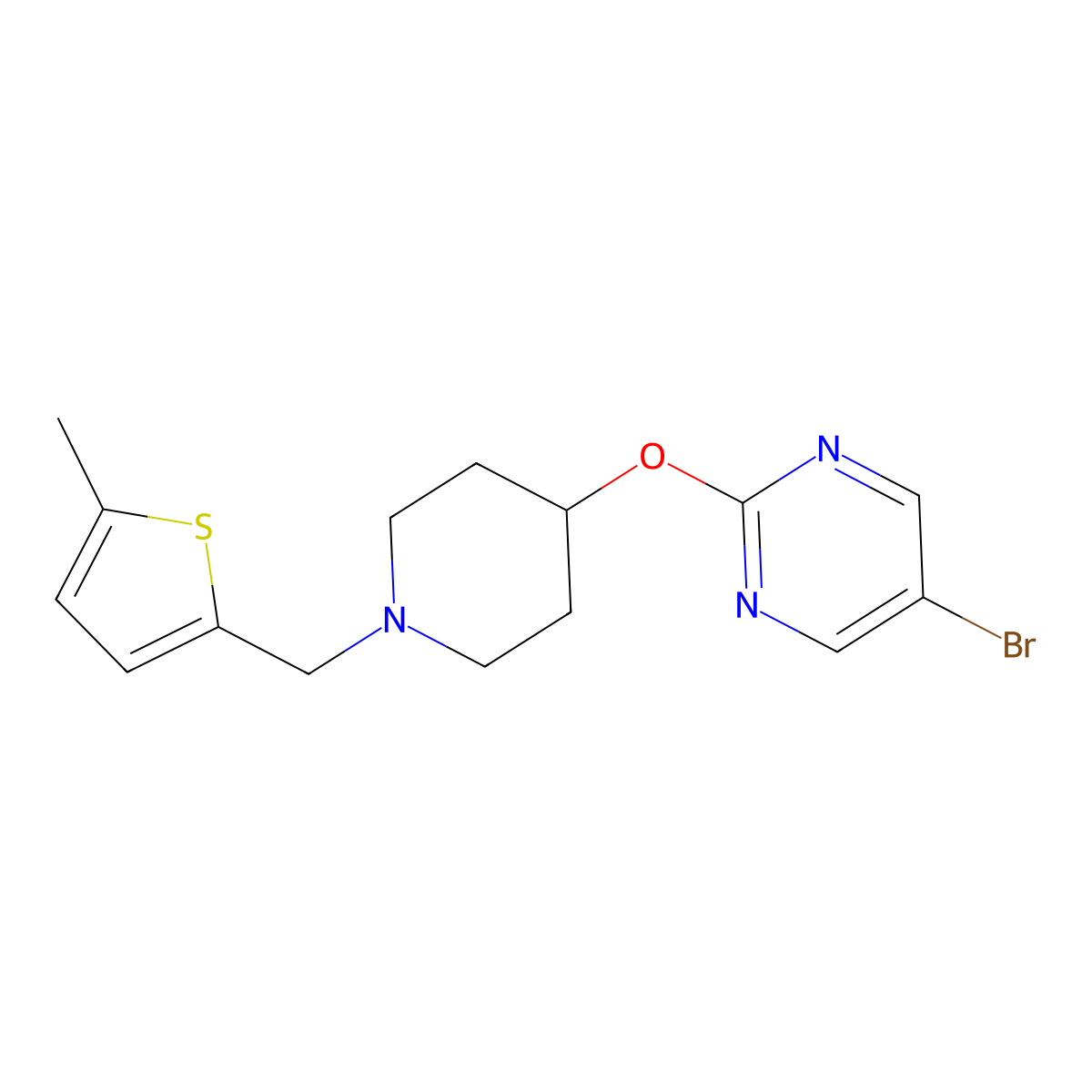 5-Bromo-2-({1-[(5-methylthiophen-2-yl)methyl]piperidin-4-yl}oxy)pyrimidine molecular structure, CAS 2415523-19-0