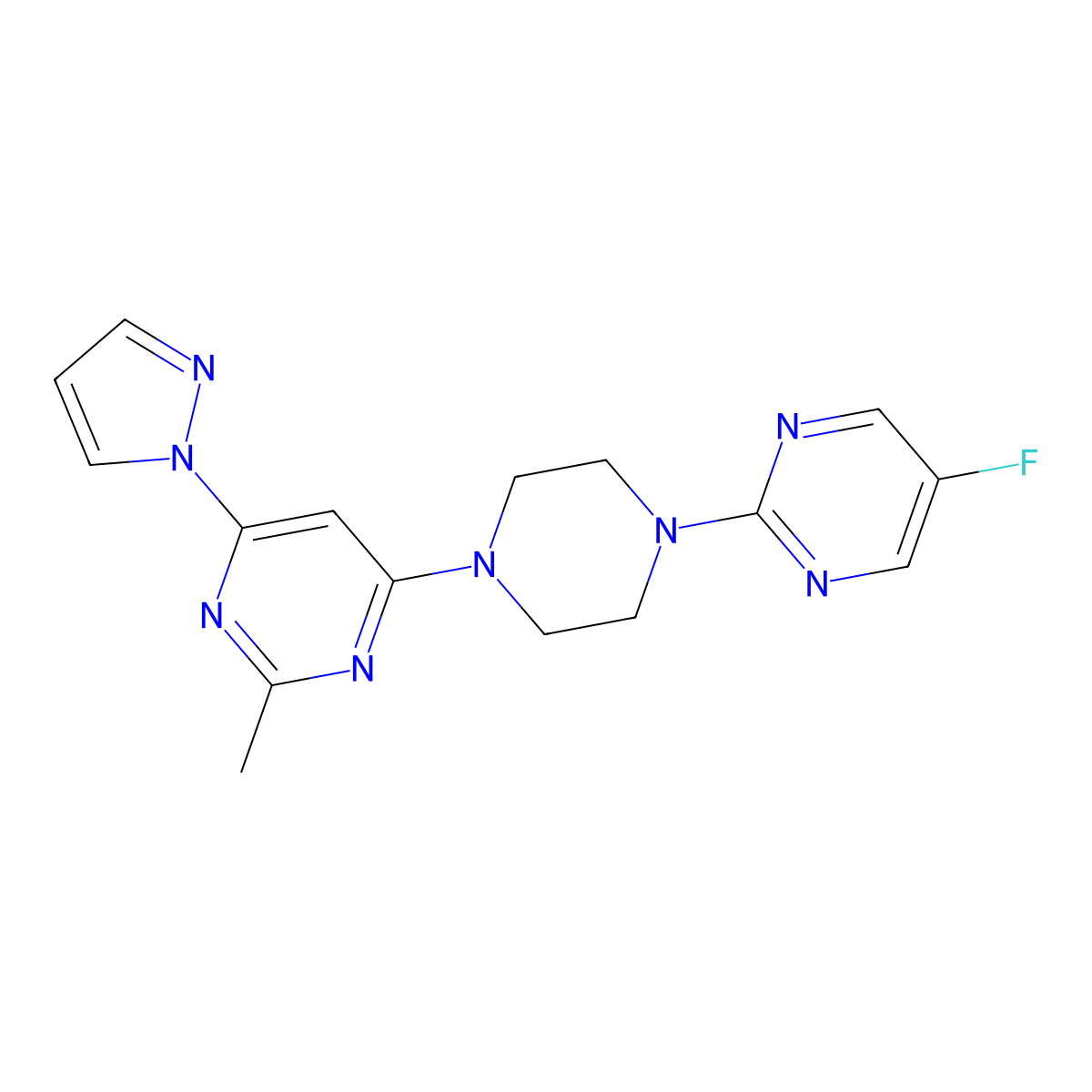 4-[4-(5-fluoropyrimidin-2-yl)piperazin-1-yl]-2-methyl-6-(1H-pyrazol-1-yl)pyrimidine molecular structure, CAS 2415523-24-7