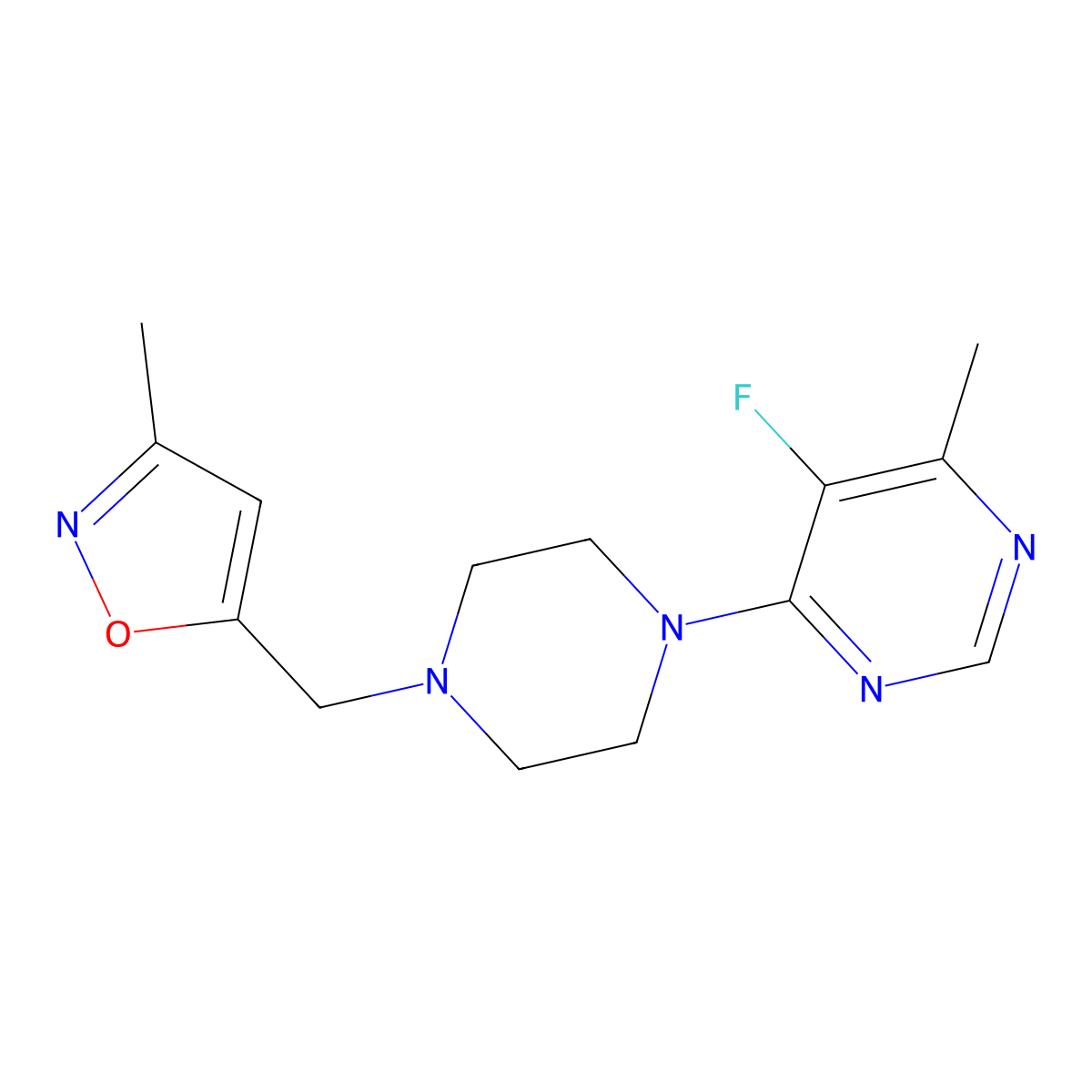 5-Fluoro-4-methyl-6-{4-[(3-methyl-1,2-oxazol-5-yl)methyl]piperazin-1-yl}pyrimidine molecular structure, CAS 2415523-27-0