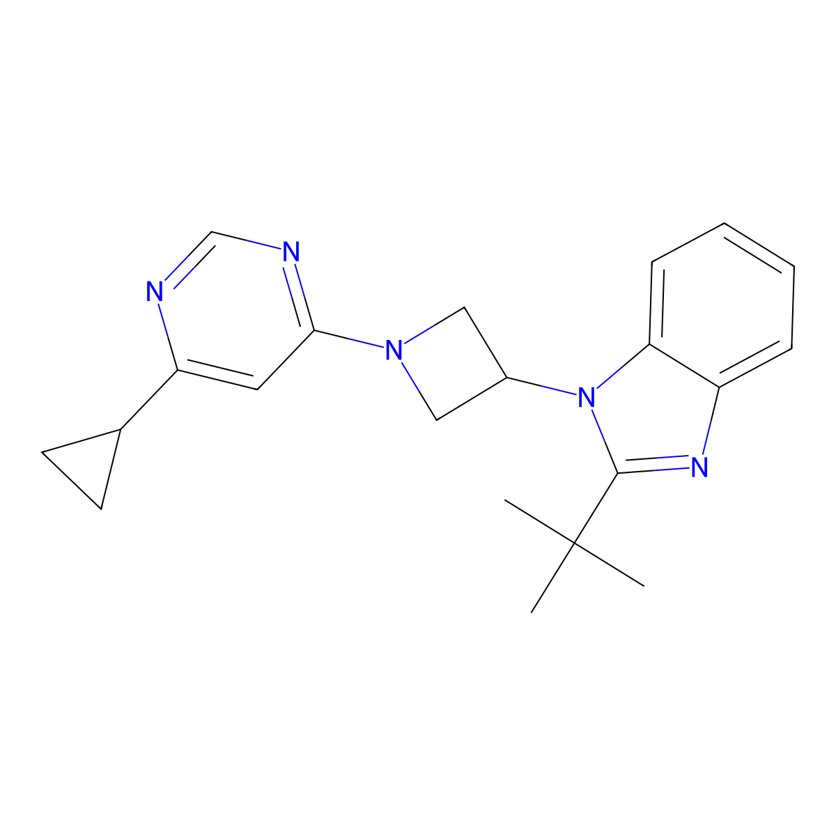 2-tert-butyl-1-[1-(6-cyclopropylpyrimidin-4-yl)azetidin-3-yl]-1H-1,3-benzodiazole molecular structure, CAS 2415523-31-6