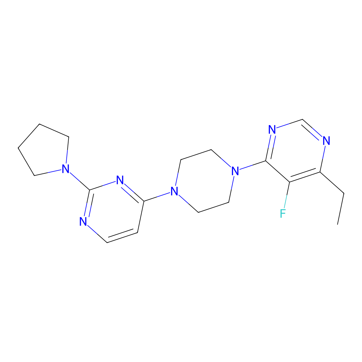 4-[4-(6-Ethyl-5-fluoropyrimidin-4-yl)piperazin-1-yl]-2-(pyrrolidin-1-yl)pyrimidine molecular structure, CAS 2415523-35-0