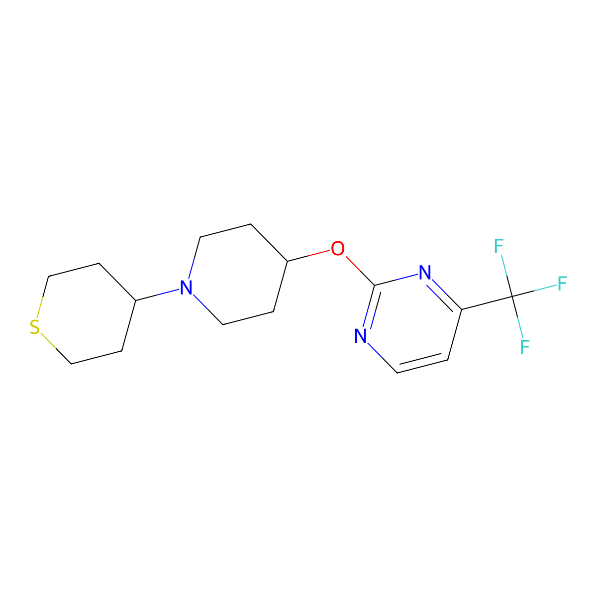 2-{[1-(Thian-4-yl)piperidin-4-yl]oxy}-4-(trifluoromethyl)pyrimidine molecular structure, CAS 2415523-50-9