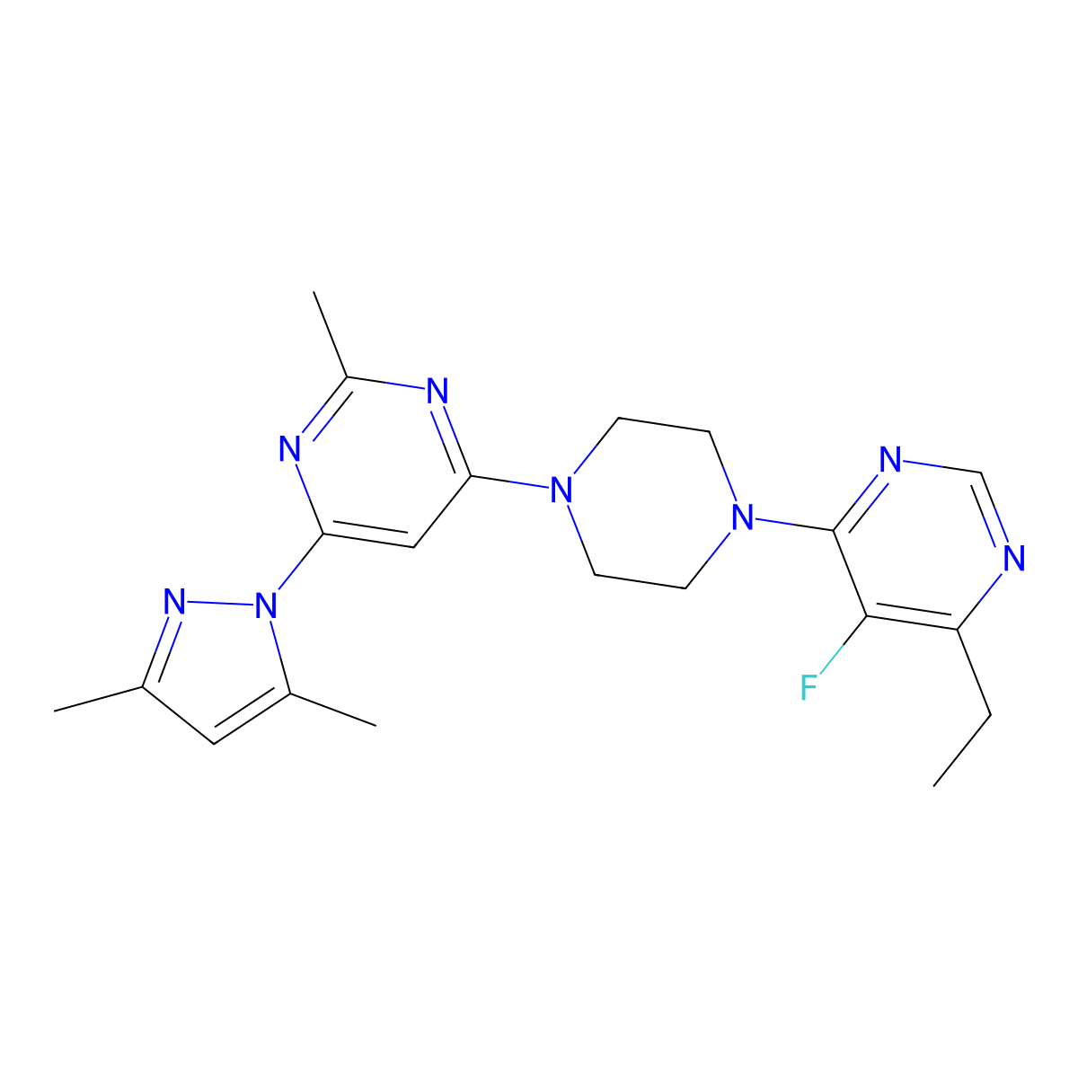 4-(3,5-dimethyl-1H-pyrazol-1-yl)-6-[4-(6-ethyl-5-fluoropyrimidin-4-yl)piperazin-1-yl]-2-methylpyrimidine molecular structure, CAS 2415523-56-5