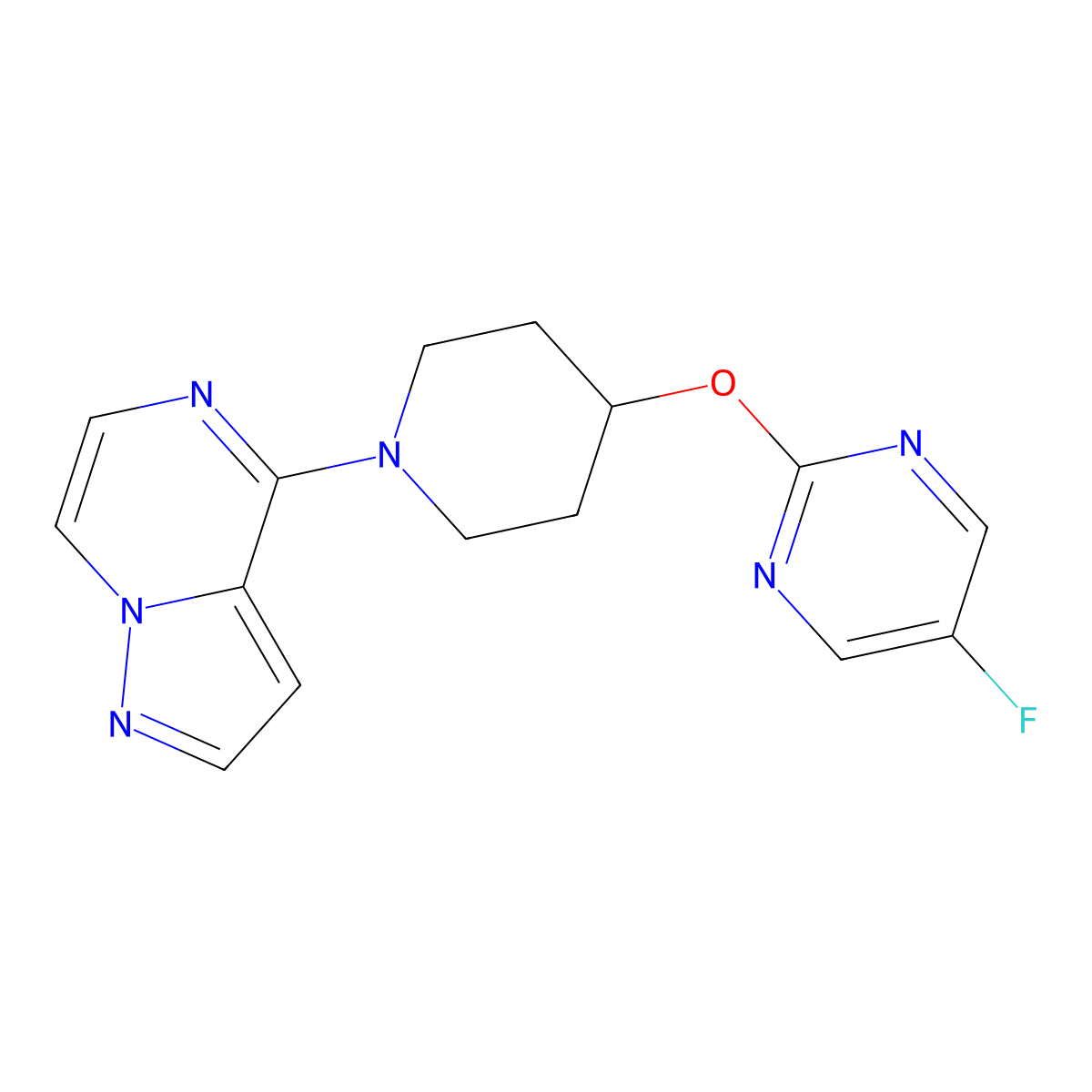 5-Fluoro-2-[(1-{pyrazolo[1,5-a]pyrazin-4-yl}piperidin-4-yl)oxy]pyrimidine molecular structure, CAS 2415523-60-1