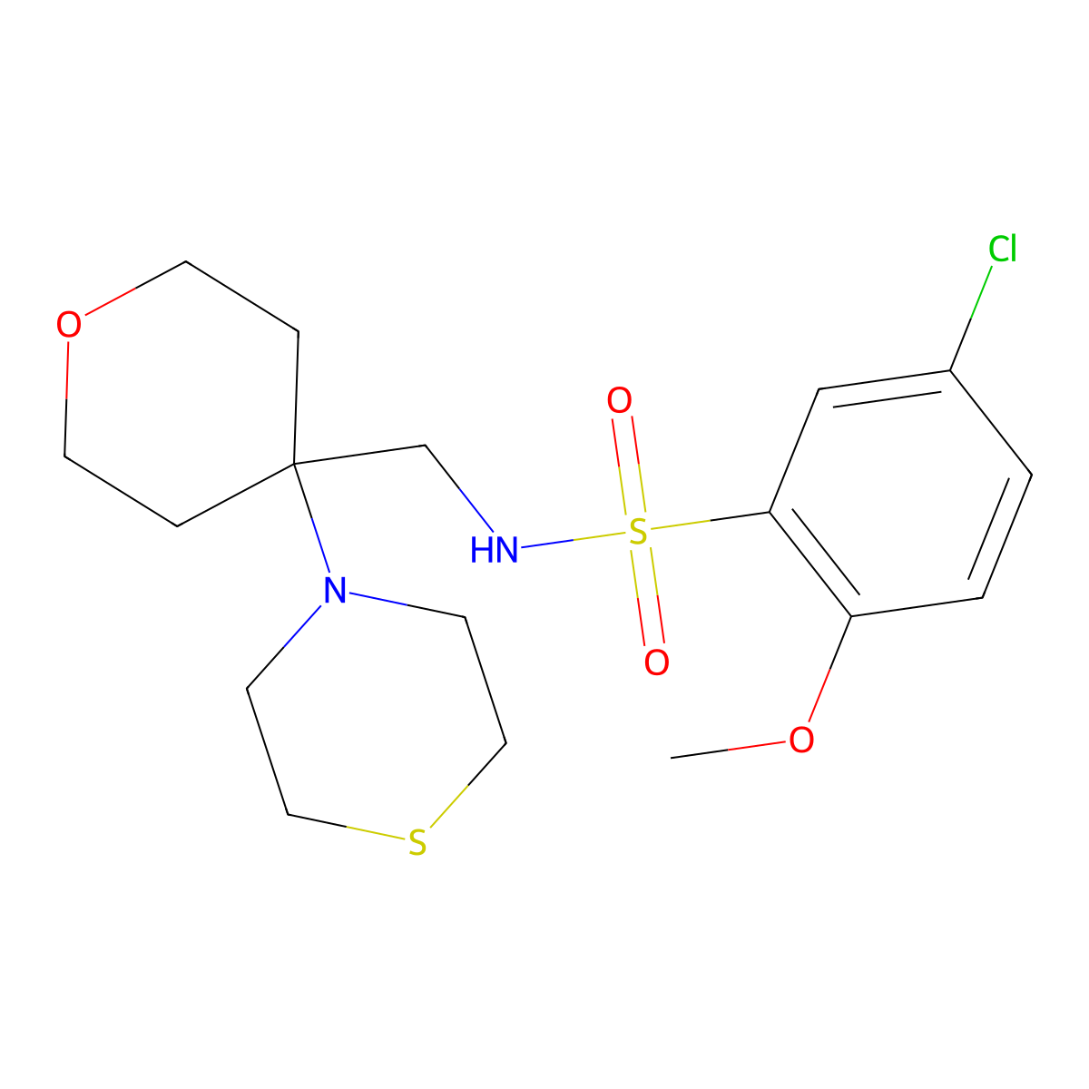 5-chloro-2-methoxy-N-{[4-(thiomorpholin-4-yl)oxan-4-yl]methyl}benzene-1-sulfonamide molecular structure, CAS 2415523-73-6