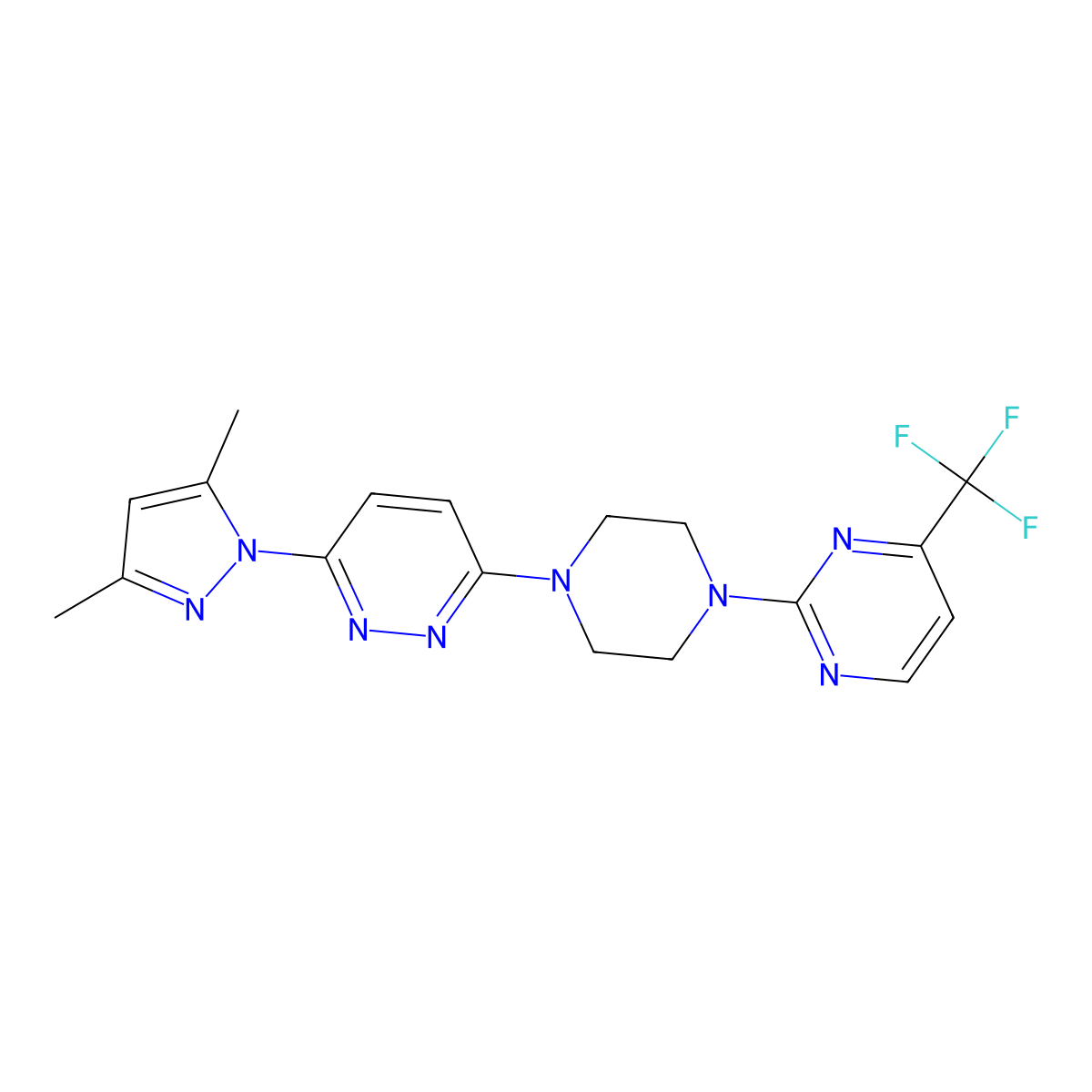 3-(3,5-dimethyl-1H-pyrazol-1-yl)-6-{4-[4-(trifluoromethyl)pyrimidin-2-yl]piperazin-1-yl}pyridazine molecular structure, CAS 2415523-75-8
