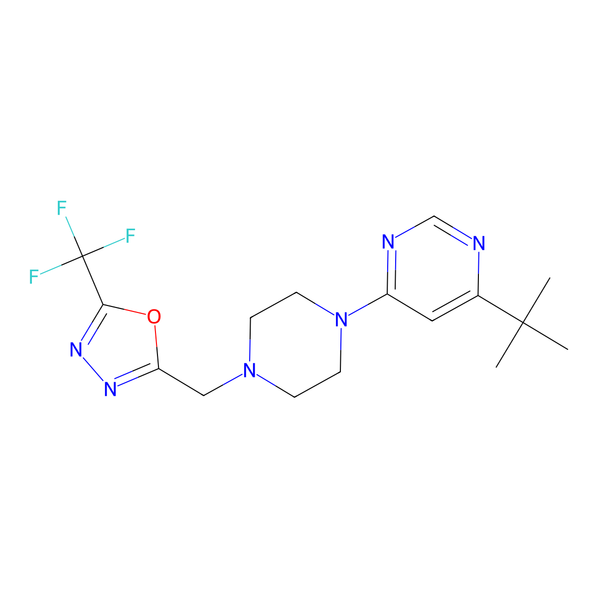 4-Tert-butyl-6-(4-{[5-(trifluoromethyl)-1,3,4-oxadiazol-2-yl]methyl}piperazin-1-yl)pyrimidine molecular structure, CAS 2415523-84-9