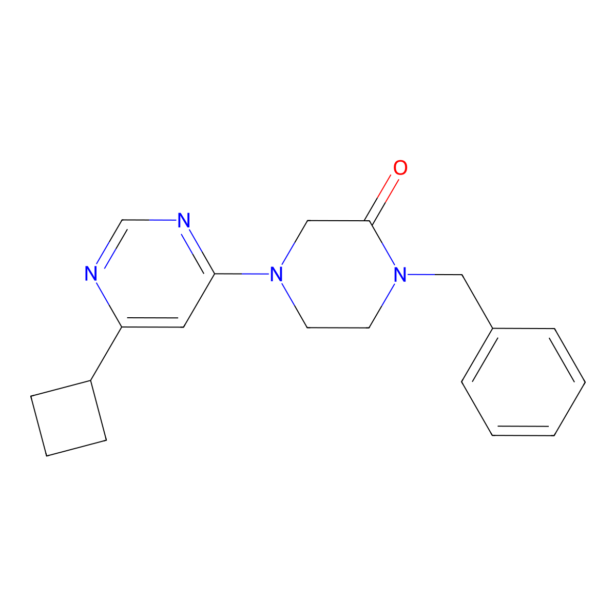 1-Benzyl-4-(6-cyclobutylpyrimidin-4-yl)piperazin-2-one molecular structure, CAS 2415523-87-2