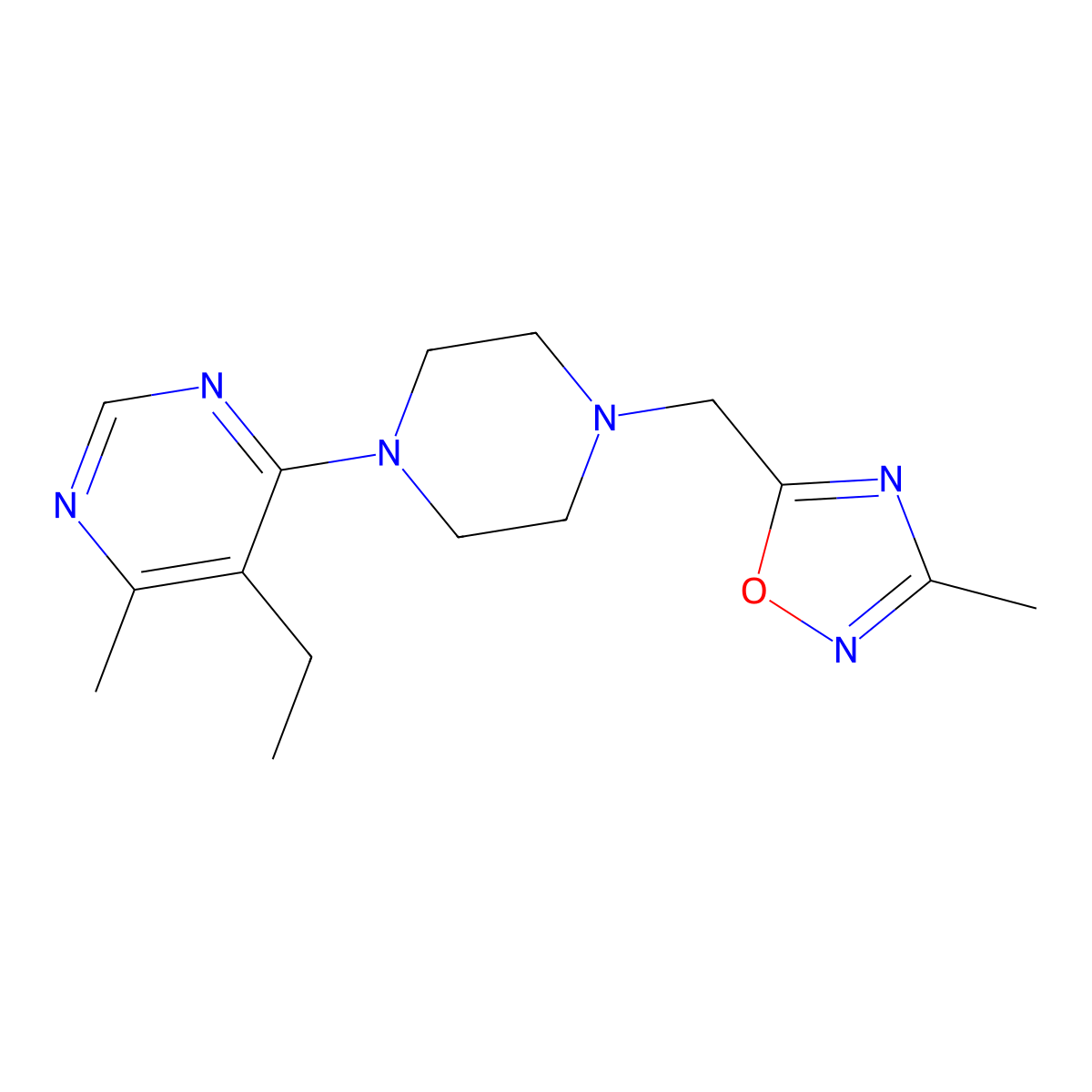 5-Ethyl-4-methyl-6-{4-[(3-methyl-1,2,4-oxadiazol-5-yl)methyl]piperazin-1-yl}pyrimidine molecular structure, CAS 2415523-88-3