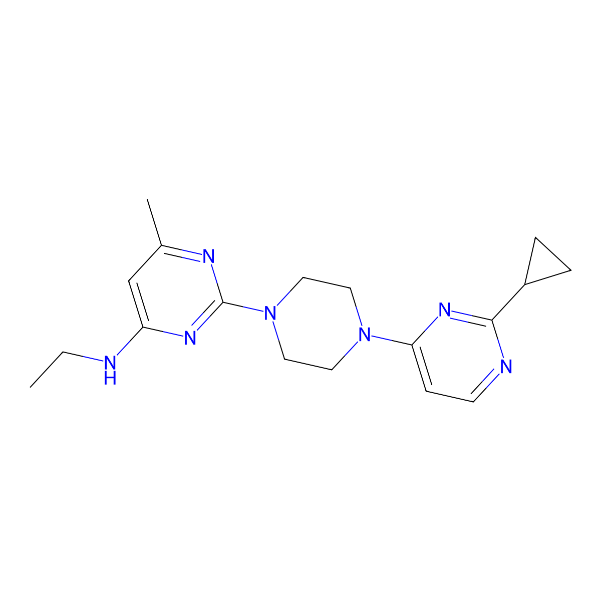 2-[4-(2-Cyclopropylpyrimidin-4-yl)piperazin-1-yl]-N-ethyl-6-methylpyrimidin-4-amine molecular structure, CAS 2415523-89-4